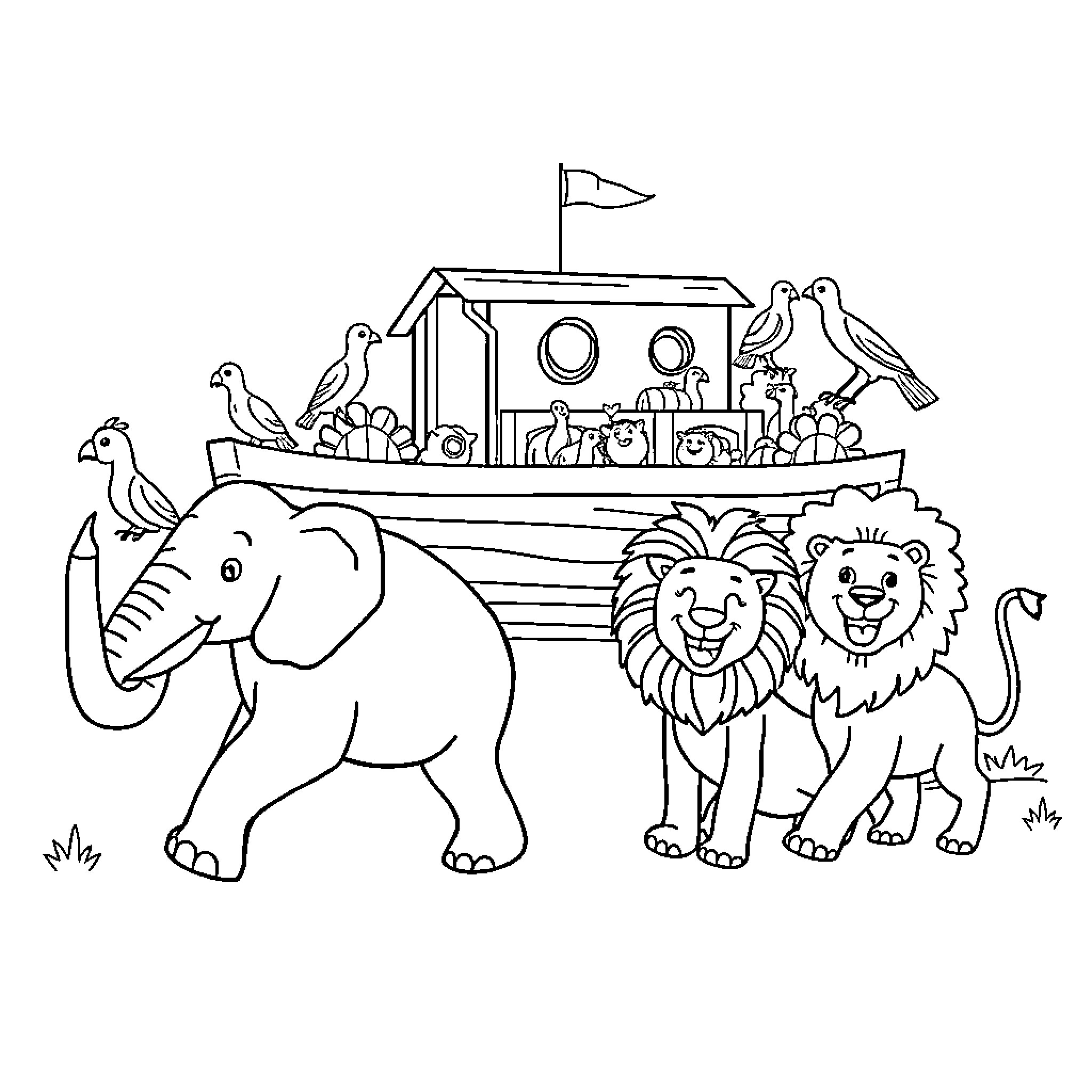 Noah's Ark with Animals Boarding Coloring Page (free black-and-white line drawing printable PDF for all, from beginners to advanced learners, including children, teens, adults, and seniors)