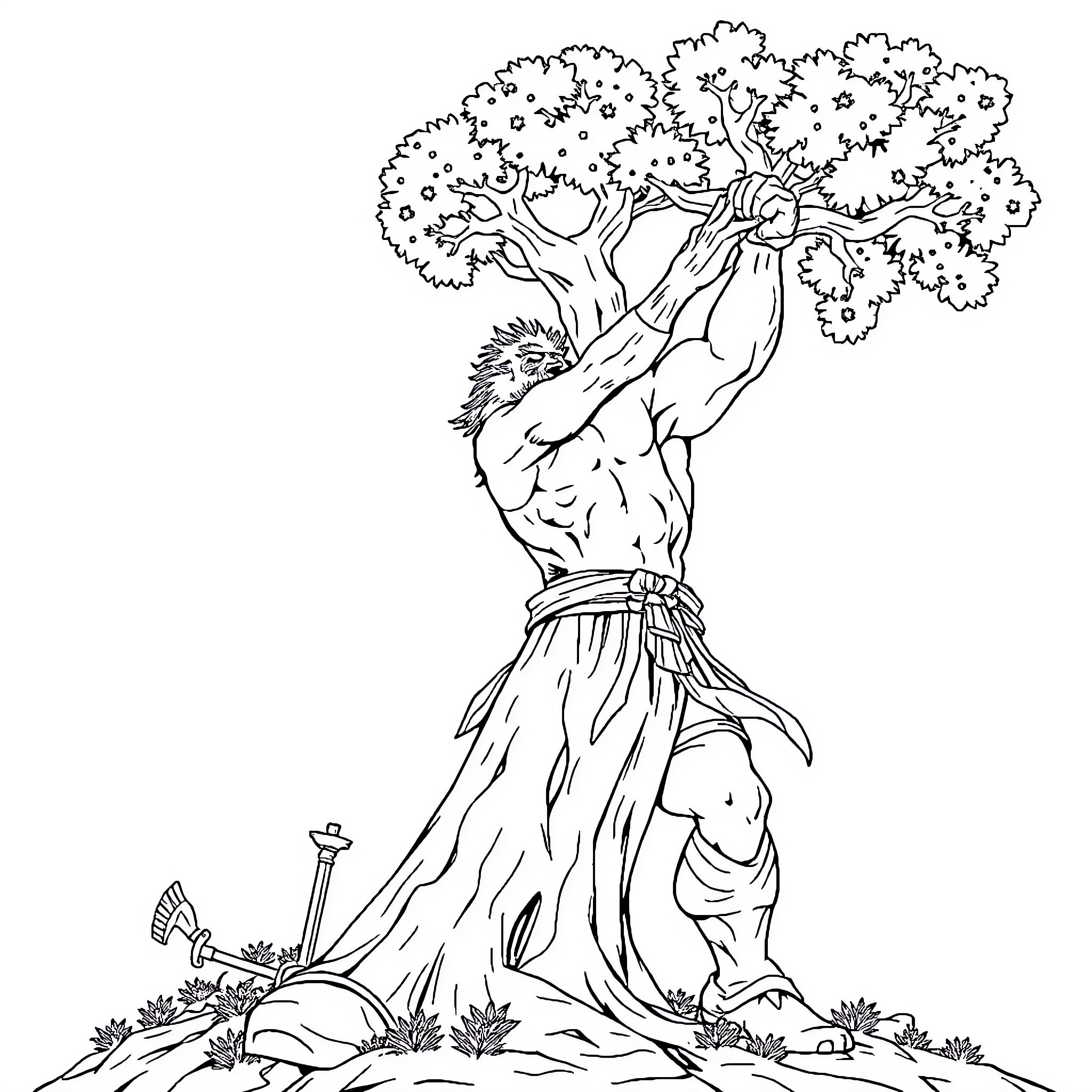 Minecraft character climbing tree with nature Coloring Page (free black-and-white line drawing printable PDF for all, from beginners to advanced learners, including children, teens, adults, and seniors)