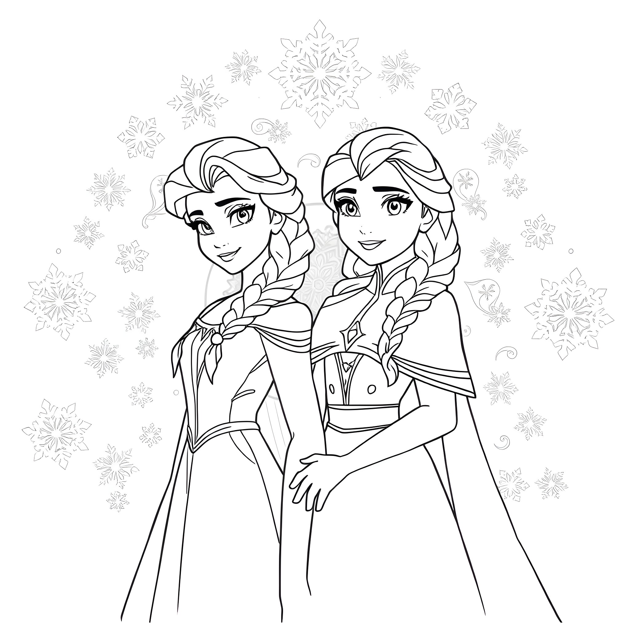 Elsa and Anna's Wintry Sisterly Embrace Coloring Page (free black-and-white line drawing printable PDF for all, from beginners to advanced learners, including children, teens, adults, and seniors)