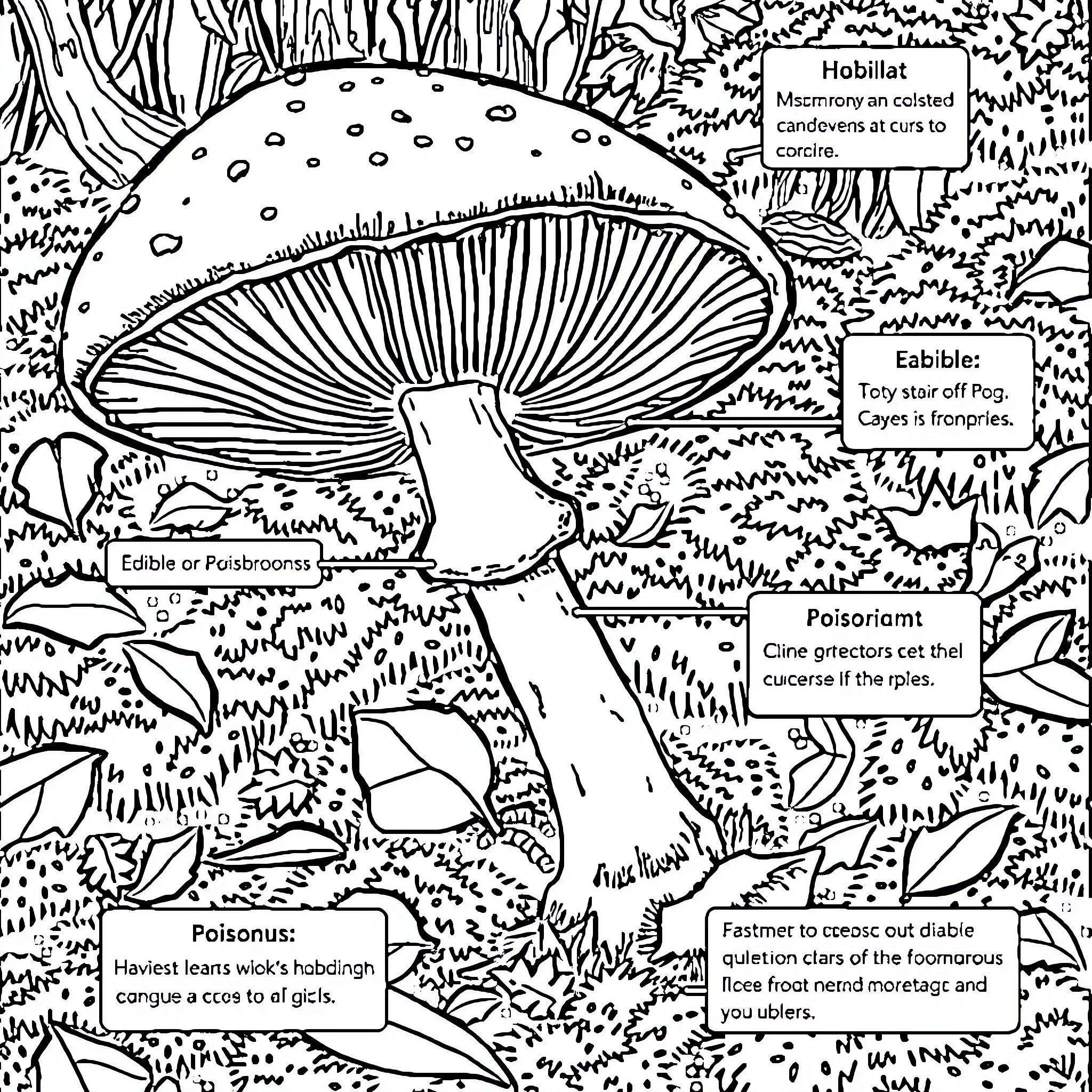 Mushroom types and characteristics in forest landscape Coloring Page (free black-and-white line drawing printable PDF for all, from beginners to advanced learners, including children, teens, adults, and seniors)