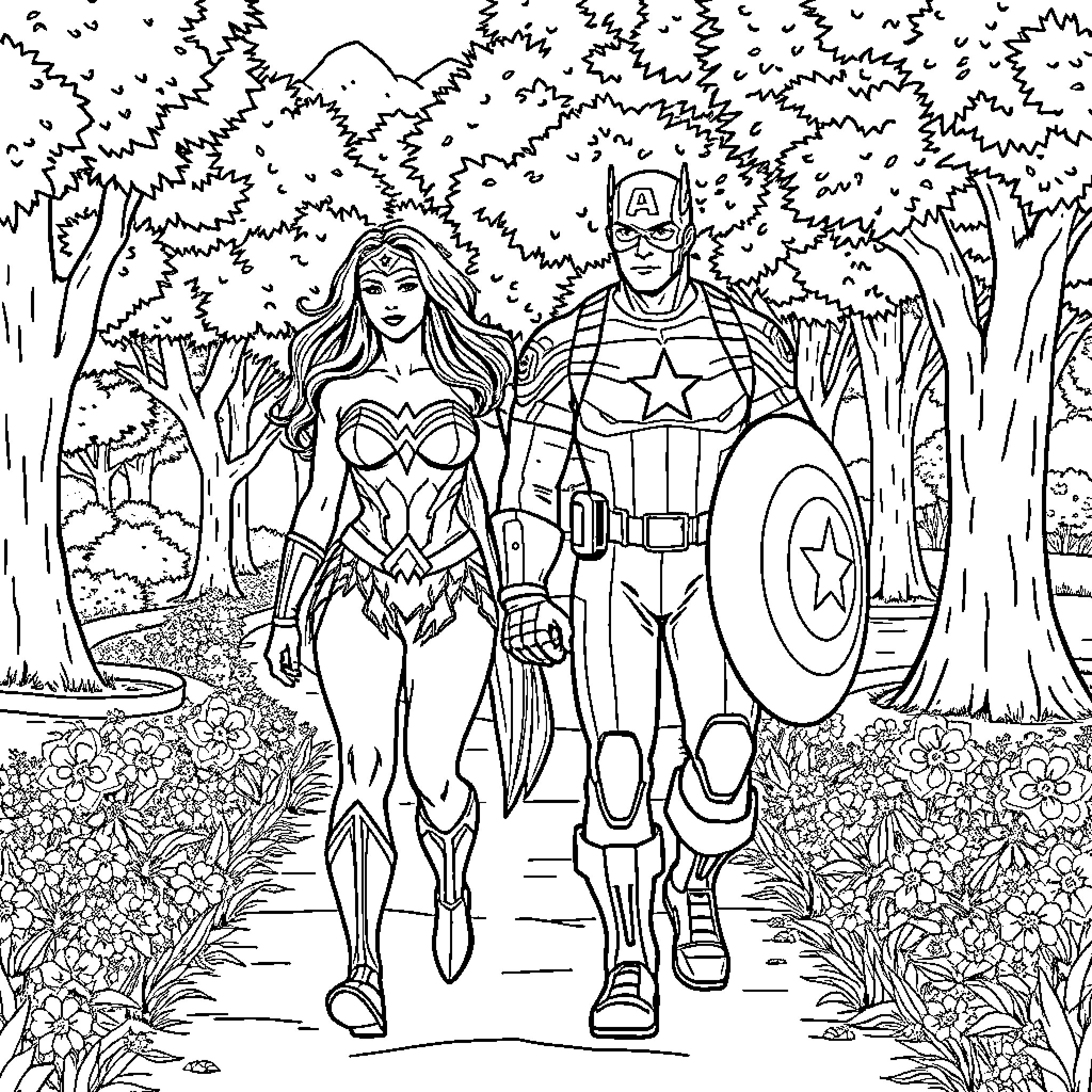 Wonder Woman and Captain America Heroic Adventure Coloring Page (free black-and-white line drawing printable PDF for all, from beginners to advanced learners, including children, teens, adults, and seniors)