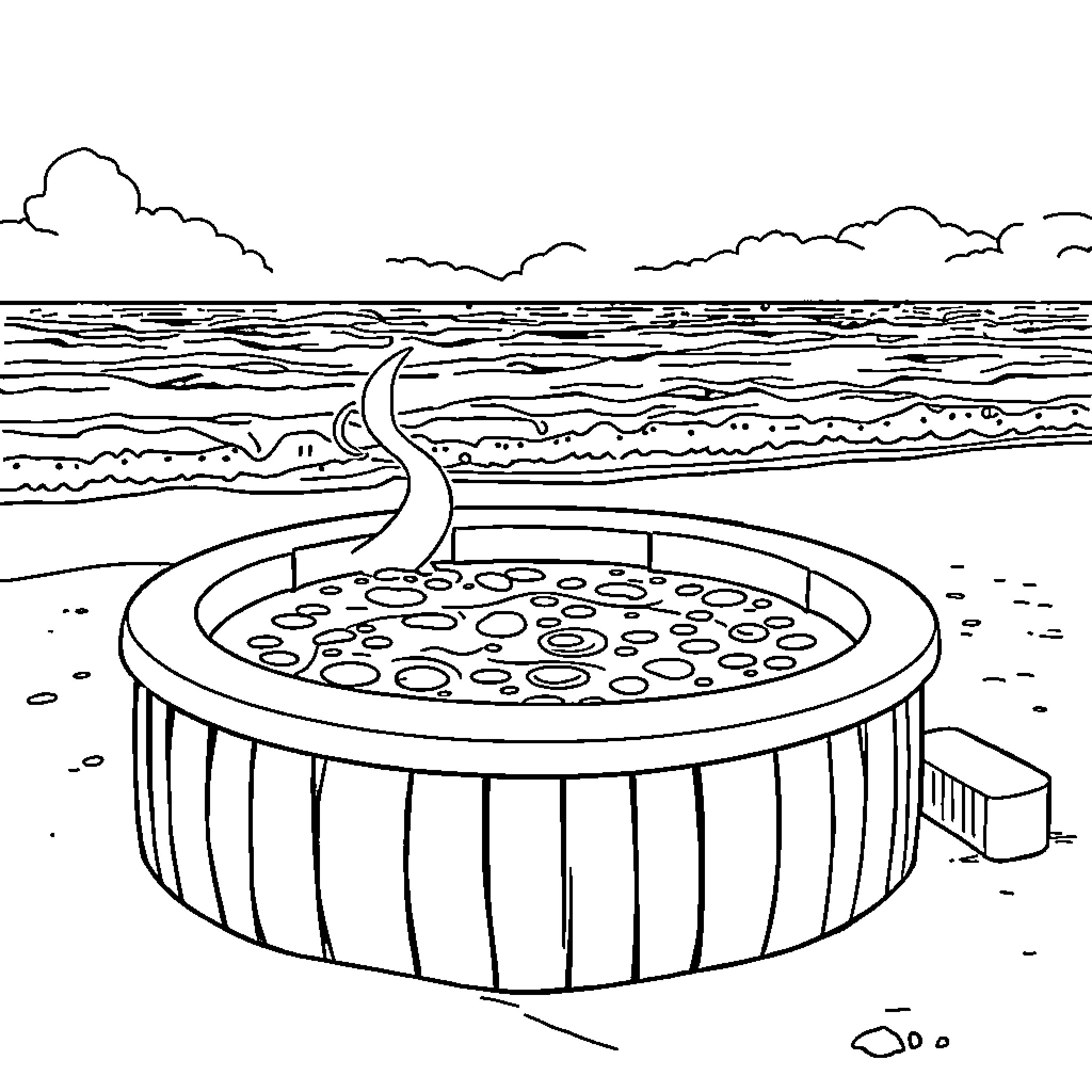 Hot Tub on the Beach Coloring Page (free black-and-white line drawing printable PDF for all, from beginners to advanced learners, including children, teens, adults, and seniors)