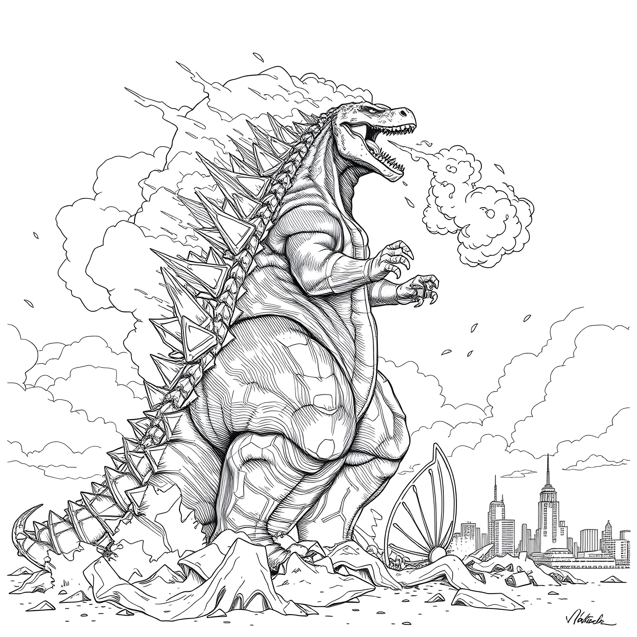 Godzilla unleashing destruction in the city Coloring Page (free black-and-white line drawing printable PDF for all, from beginners to advanced learners, including children, teens, adults, and seniors)
