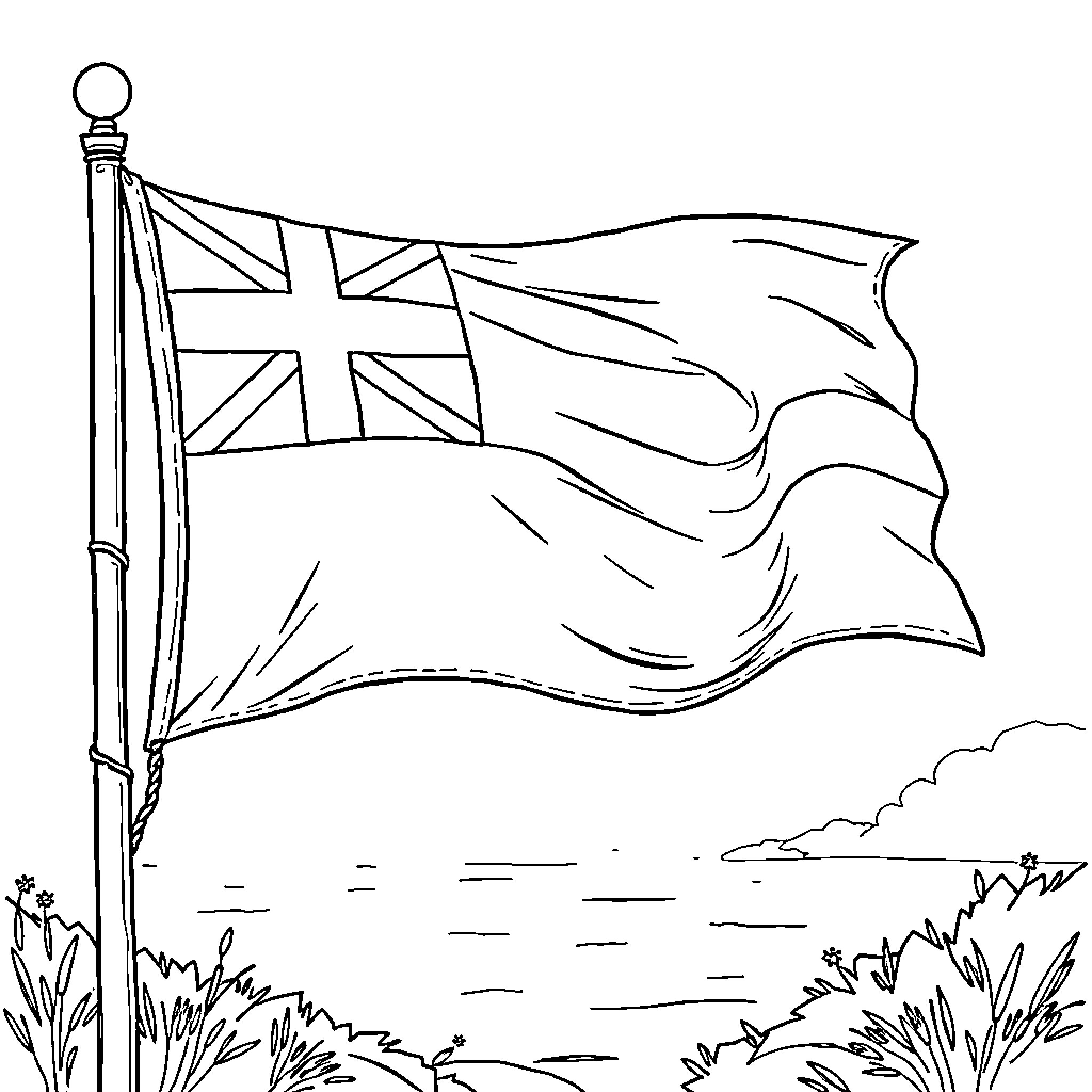 Farao Island Flag waving in the wind Coloring Page (free black-and-white line drawing printable PDF for all, from beginners to advanced learners, including children, teens, adults, and seniors)