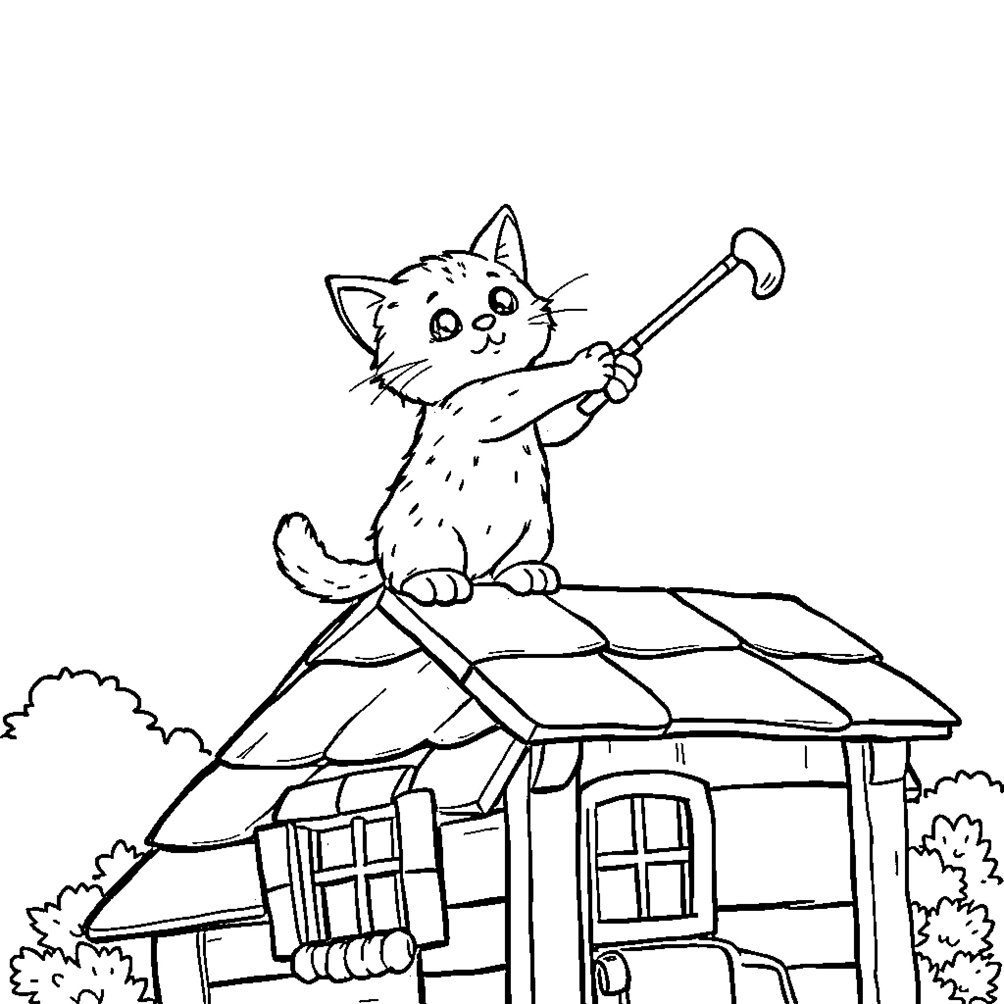 Cat playing in the toy house Coloring Page (free black-and-white line drawing printable PDF for all, from beginners to advanced learners, including children, teens, adults, and seniors)