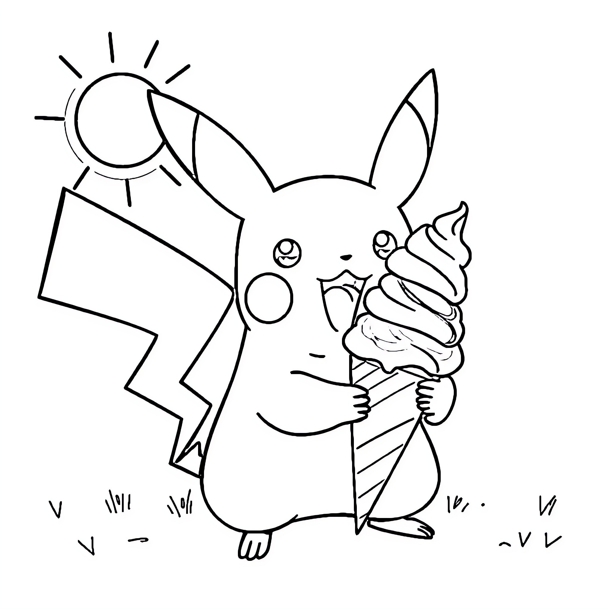 Pikachu enjoying a summer treat Coloring Page (free black-and-white line drawing printable PDF for all, from beginners to advanced learners, including children, teens, adults, and seniors)