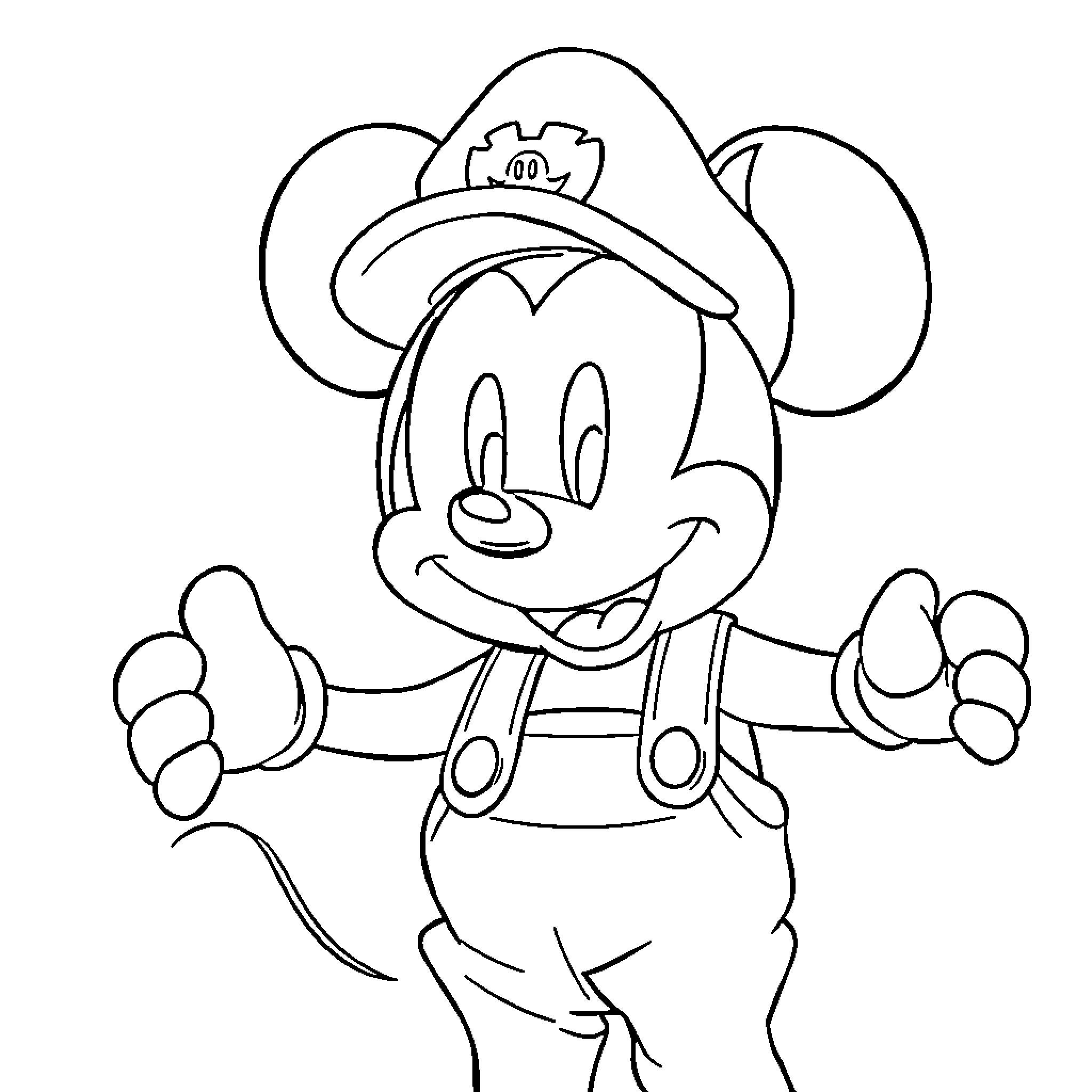 Mickey Mouse in Overalls and Cap Giving Thumbs Up Coloring Page (free black-and-white line drawing printable PDF for all, from beginners to advanced learners, including children, teens, adults, and seniors)