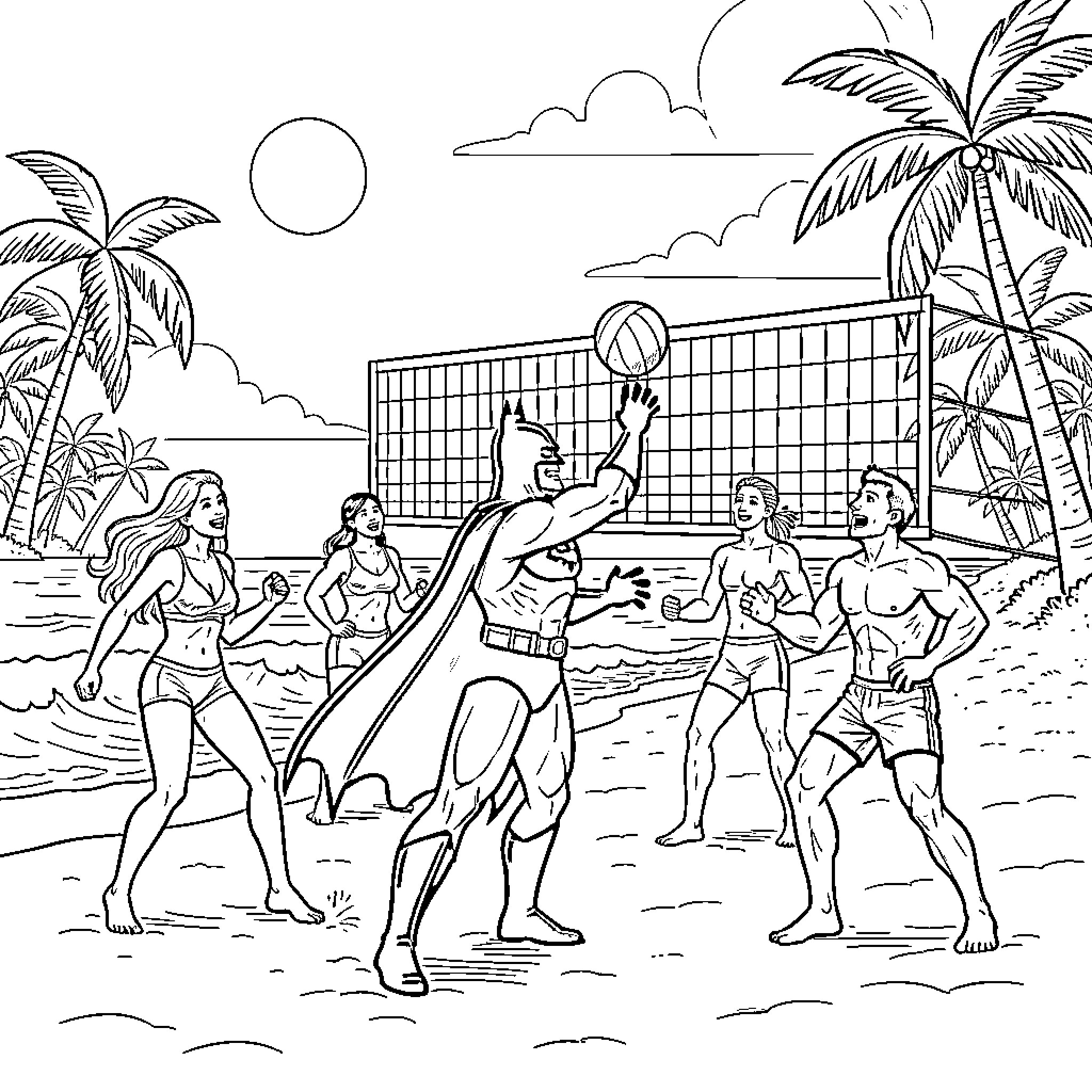 Batman playing volleyball with friends on the beach Coloring Page (free black-and-white line drawing printable PDF for all, from beginners to advanced learners, including children, teens, adults, and seniors)