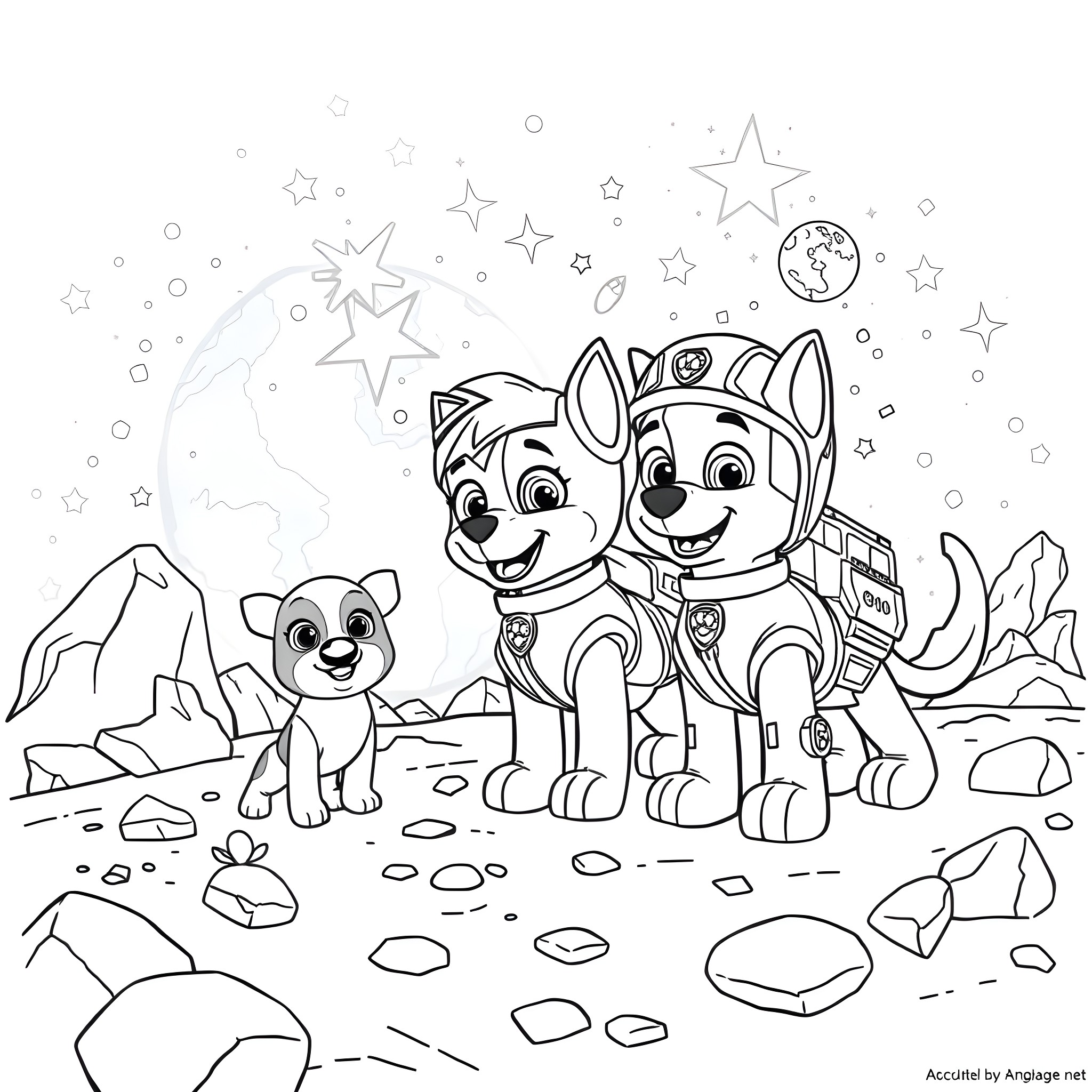 Paw Patrol puppies on an adventure under the starry night Coloring Page (free black-and-white line drawing printable PDF for all, from beginners to advanced learners, including children, teens, adults, and seniors)