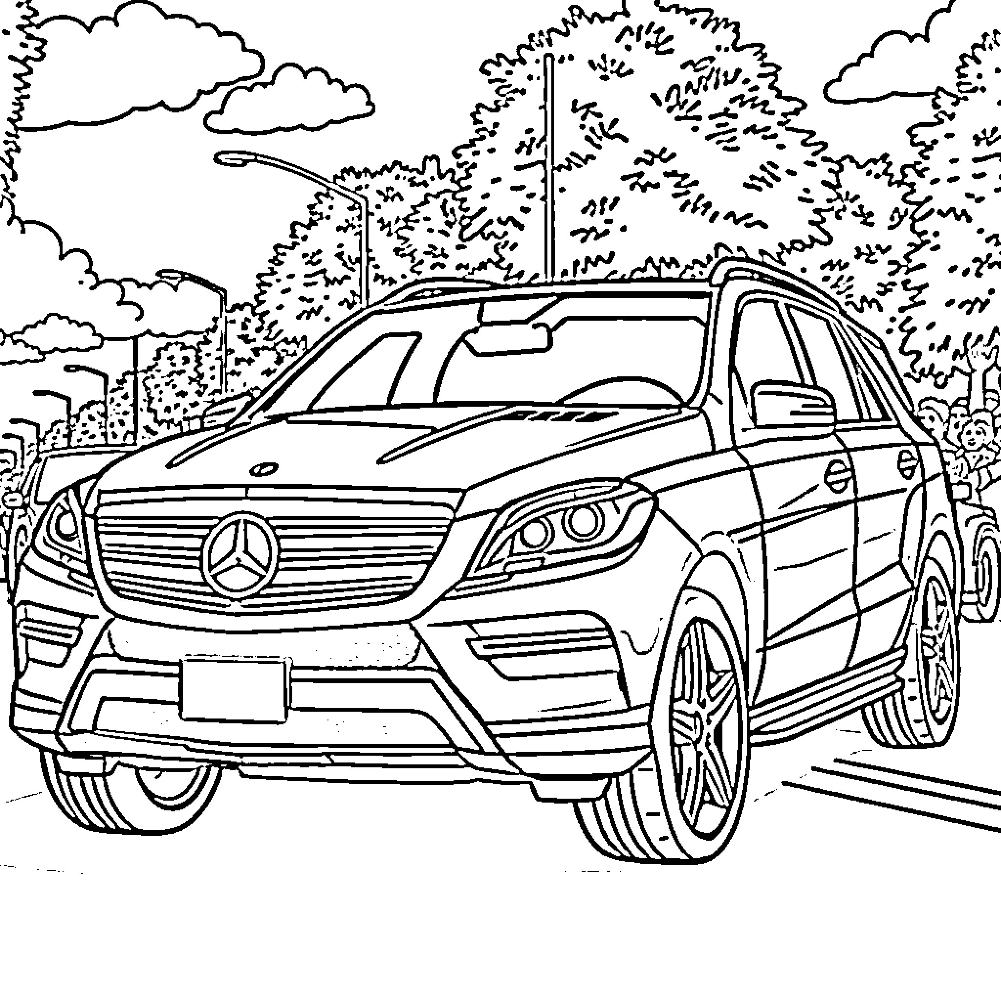 Mercedes SUV driving on a scenic road Coloring Page (free black-and-white line drawing printable PDF for all, from beginners to advanced learners, including children, teens, adults, and seniors)