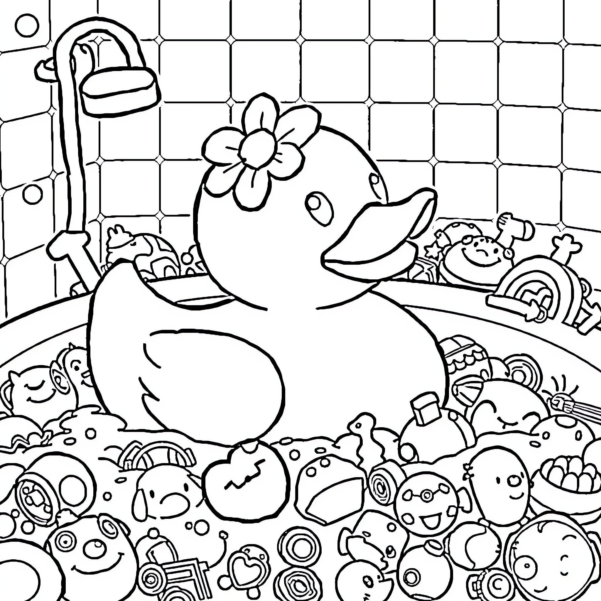 Duck surrounded by whimsical creatures in a bathroom setting Coloring Page (free black-and-white line drawing printable PDF for all, from beginners to advanced learners, including children, teens, adults, and seniors)