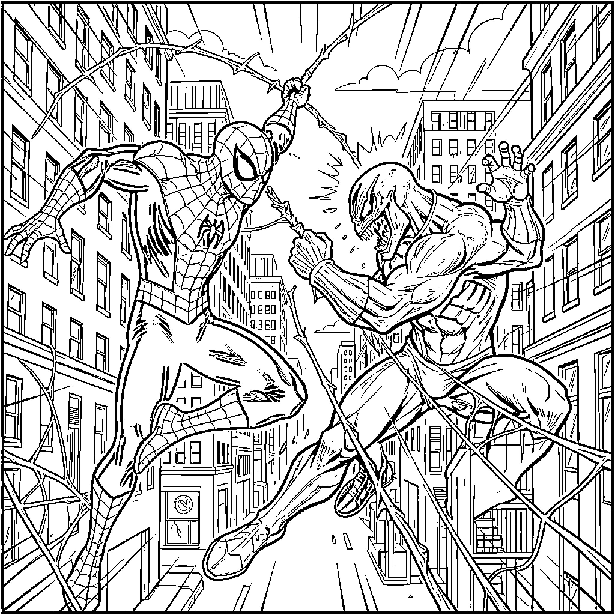 Spider-Man battles a foe in the city streets Coloring Page (free black-and-white line drawing printable PDF for all, from beginners to advanced learners, including children, teens, adults, and seniors)