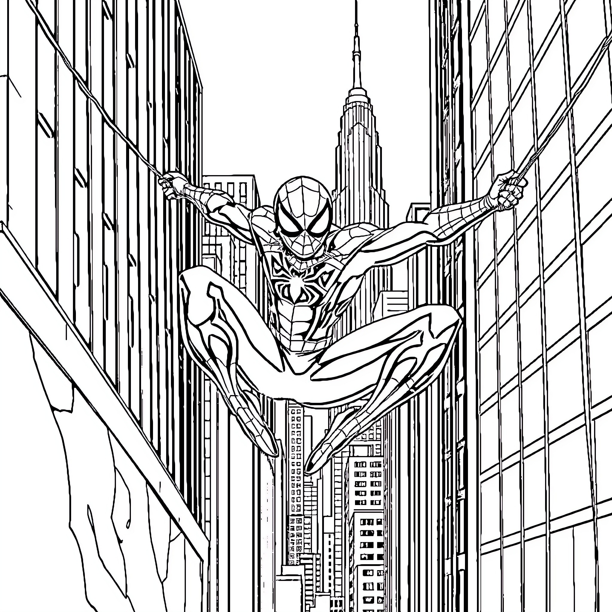 Spiderman swinging through the skyscrapers of New York City Coloring Page (free black-and-white line drawing printable PDF for all, from beginners to advanced learners, including children, teens, adults, and seniors)