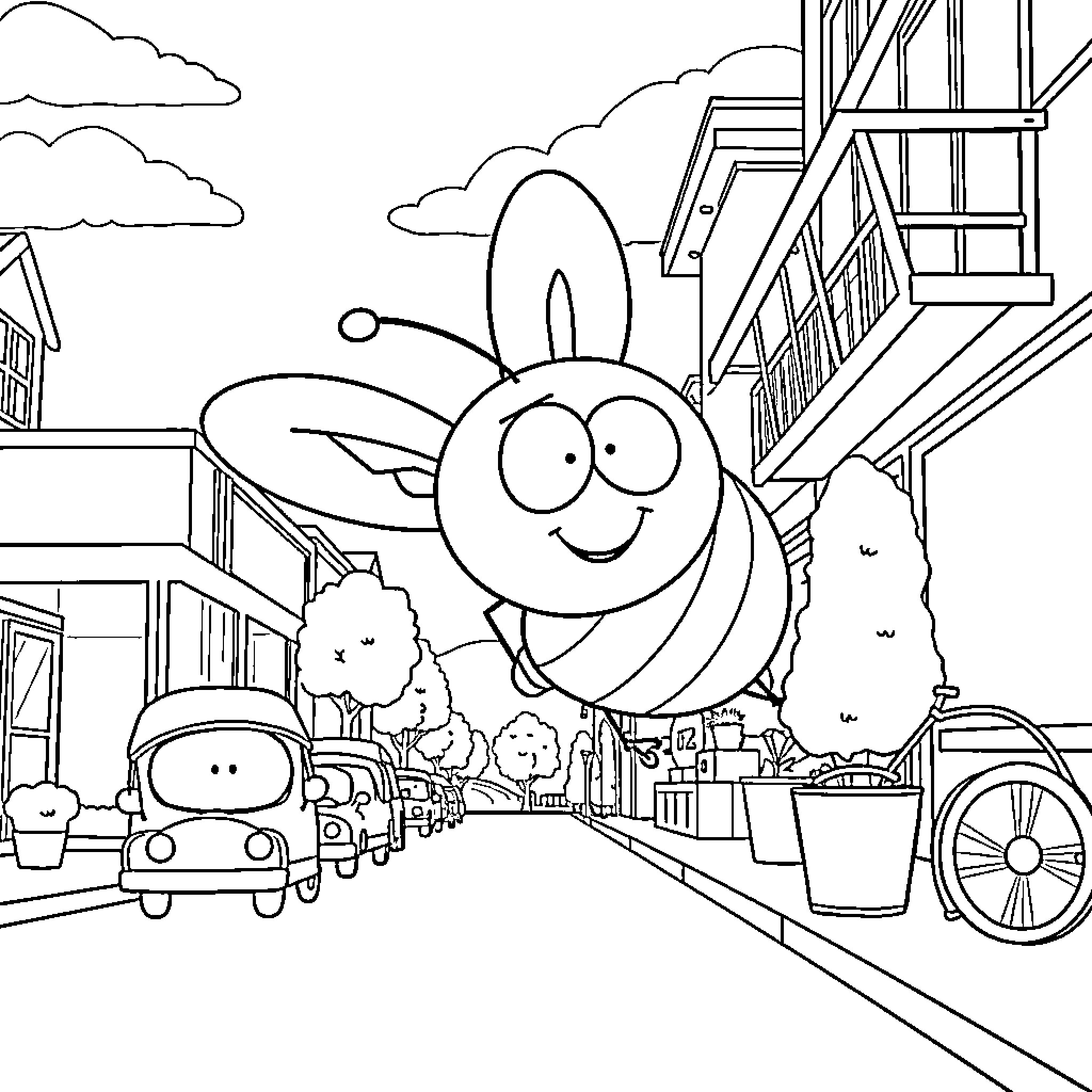 Bee exploring busy city street Coloring Page (free black-and-white line drawing printable PDF for all, from beginners to advanced learners, including children, teens, adults, and seniors)