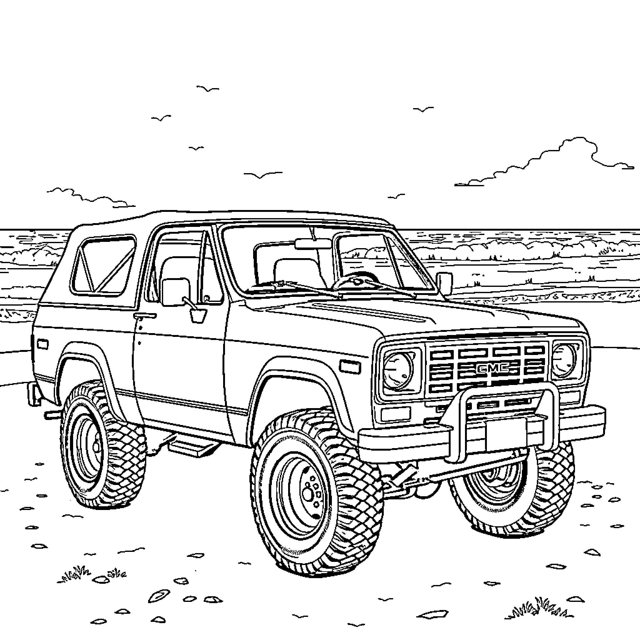 GMC Jimmy off-road adventure in the wilderness Coloring Page (free black-and-white line drawing printable PDF for all, from beginners to advanced learners, including children, teens, adults, and seniors)