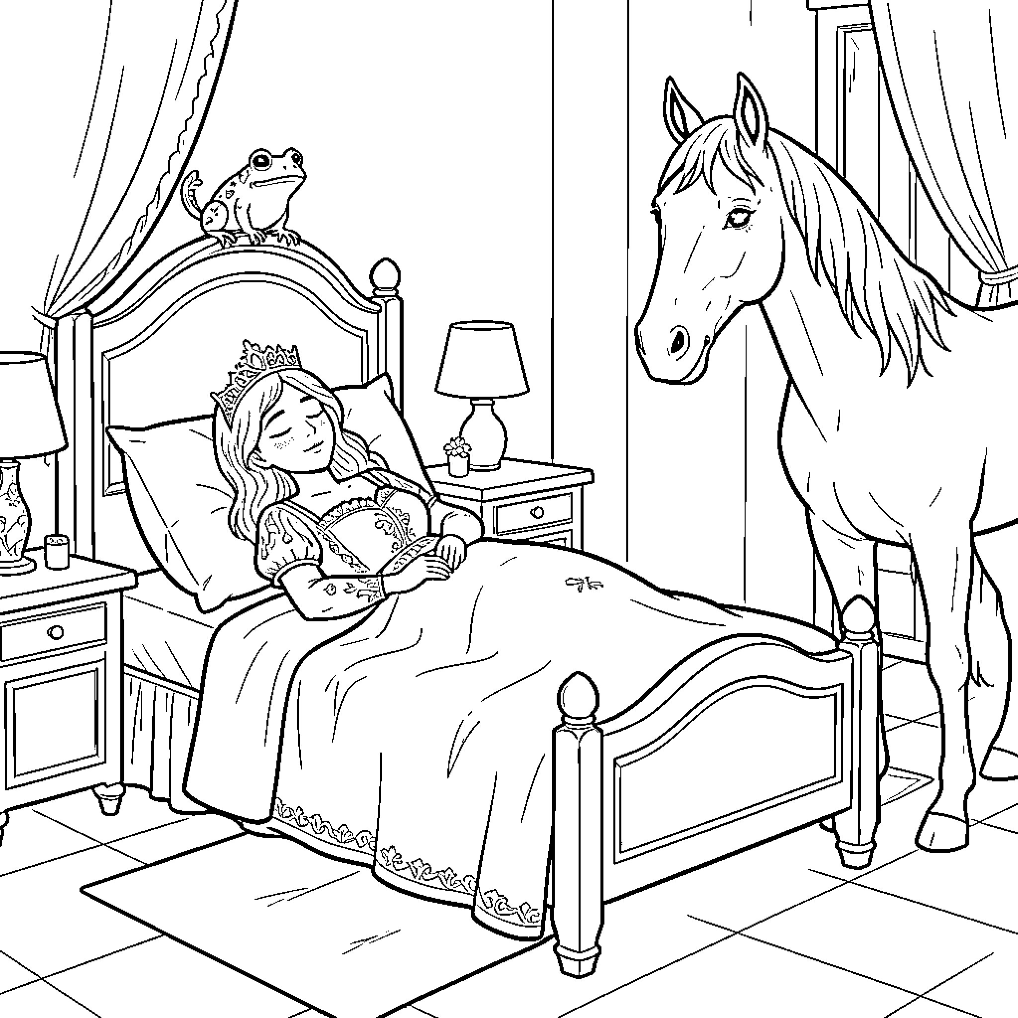 Princess sleeping peacefully in bed with animal friends Coloring Page (free black-and-white line drawing printable PDF for all, from beginners to advanced learners, including children, teens, adults, and seniors)