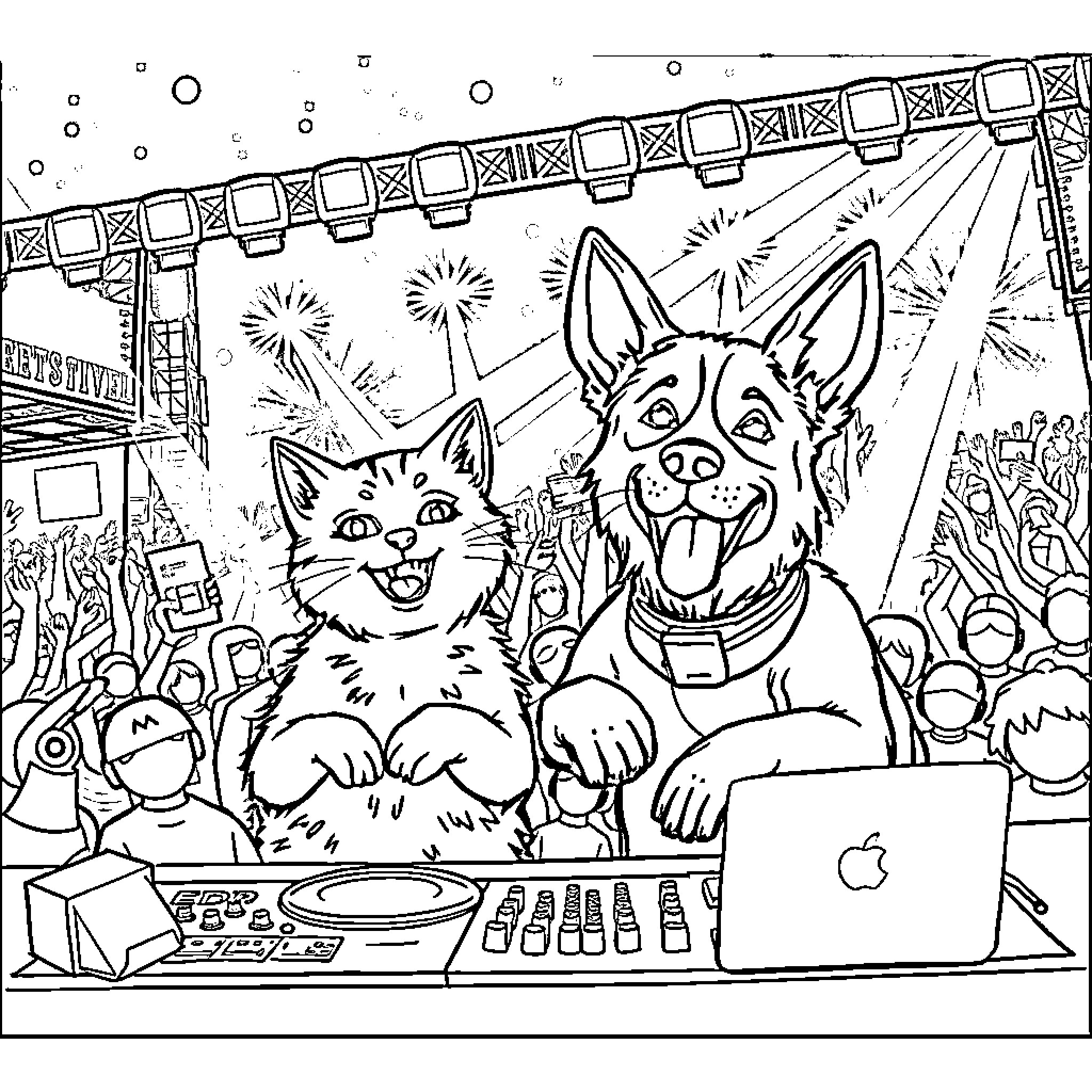 Cats performing at a concert stage Coloring Page (free black-and-white line drawing printable PDF for all, from beginners to advanced learners, including children, teens, adults, and seniors)