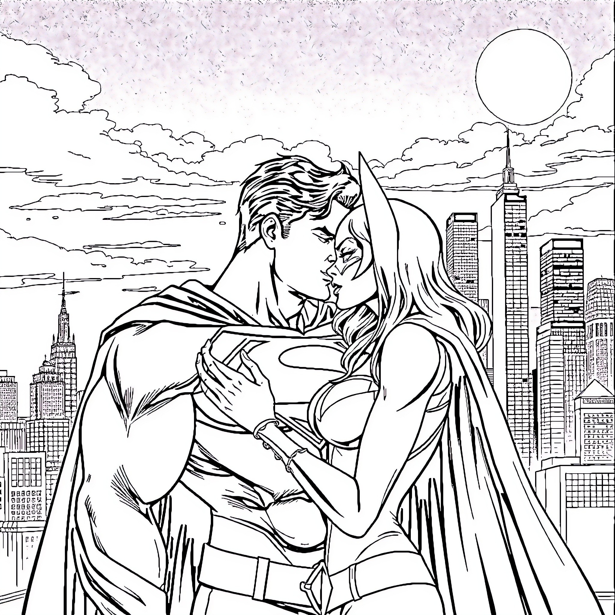 Superman's romantic embrace with heroine in the city Coloring Page (free black-and-white line drawing printable PDF for all, from beginners to advanced learners, including children, teens, adults, and seniors)