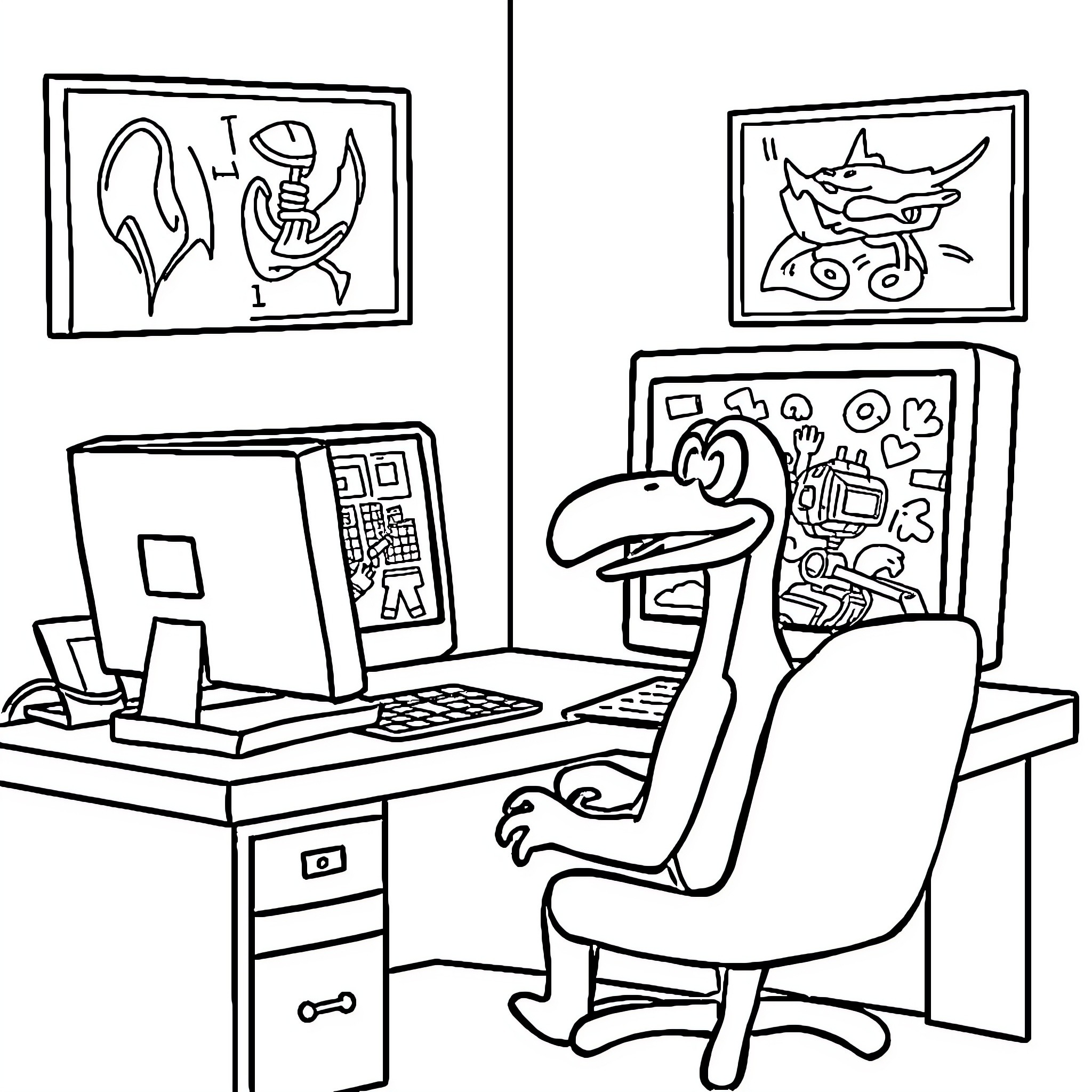 Platypus's Artistic Home Office Coloring Page (free black-and-white line drawing printable PDF for all, from beginners to advanced learners, including children, teens, adults, and seniors)