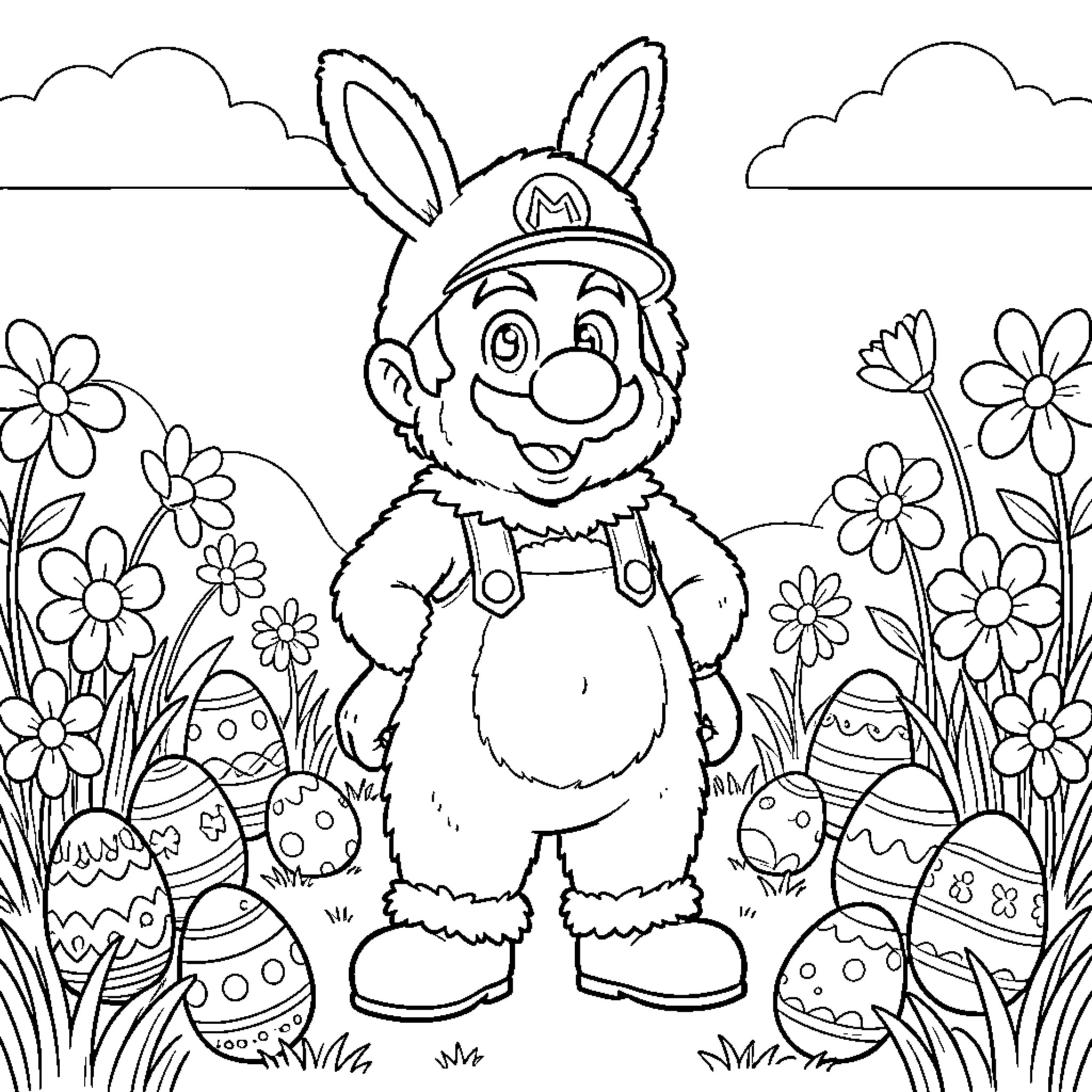 Luigi the Bunny Exploring the Colorful Garden Coloring Page (free black-and-white line drawing printable PDF for all, from beginners to advanced learners, including children, teens, adults, and seniors)