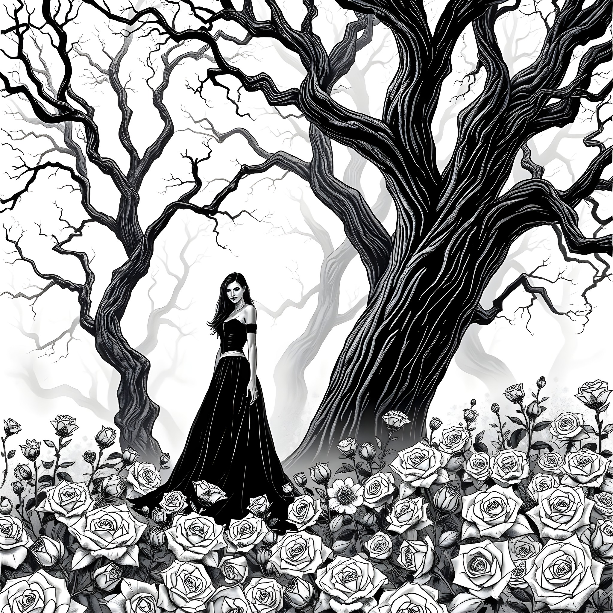 Woman in a dark dress standing among twisted trees and roses Coloring Page (free black-and-white line drawing printable PDF for all, from beginners to advanced learners, including children, teens, adults, and seniors)