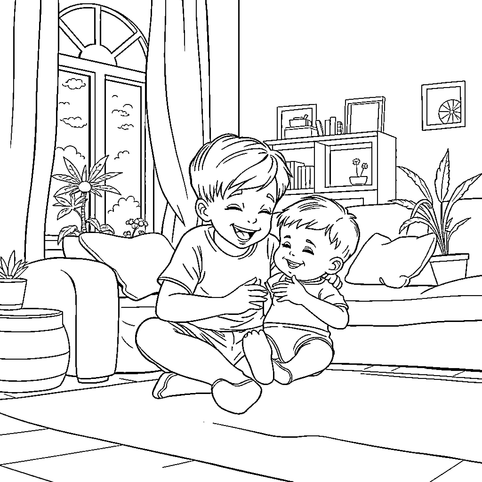 Brother playing with younger sibling in cozy home Coloring Page (free black-and-white line drawing printable PDF for all, from beginners to advanced learners, including children, teens, adults, and seniors)
