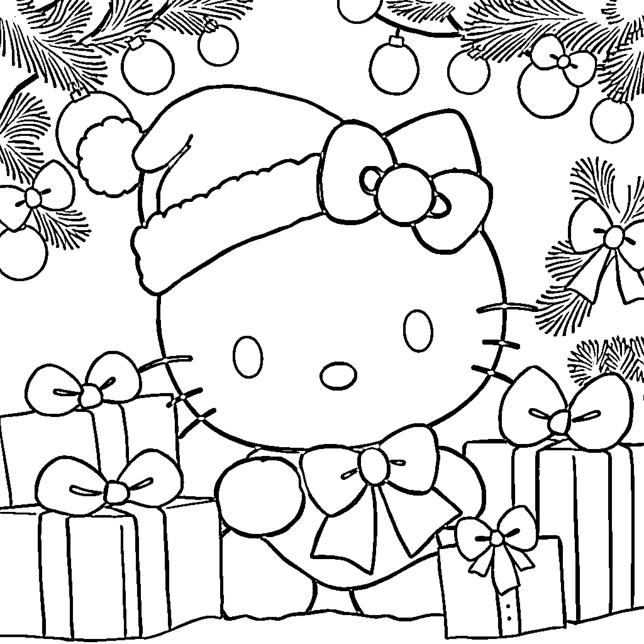 Hello Kitty Celebrating Christmas with Presents and Ornaments Coloring Page (free black-and-white line drawing printable PDF for all, from beginners to advanced learners, including children, teens, adults, and seniors)