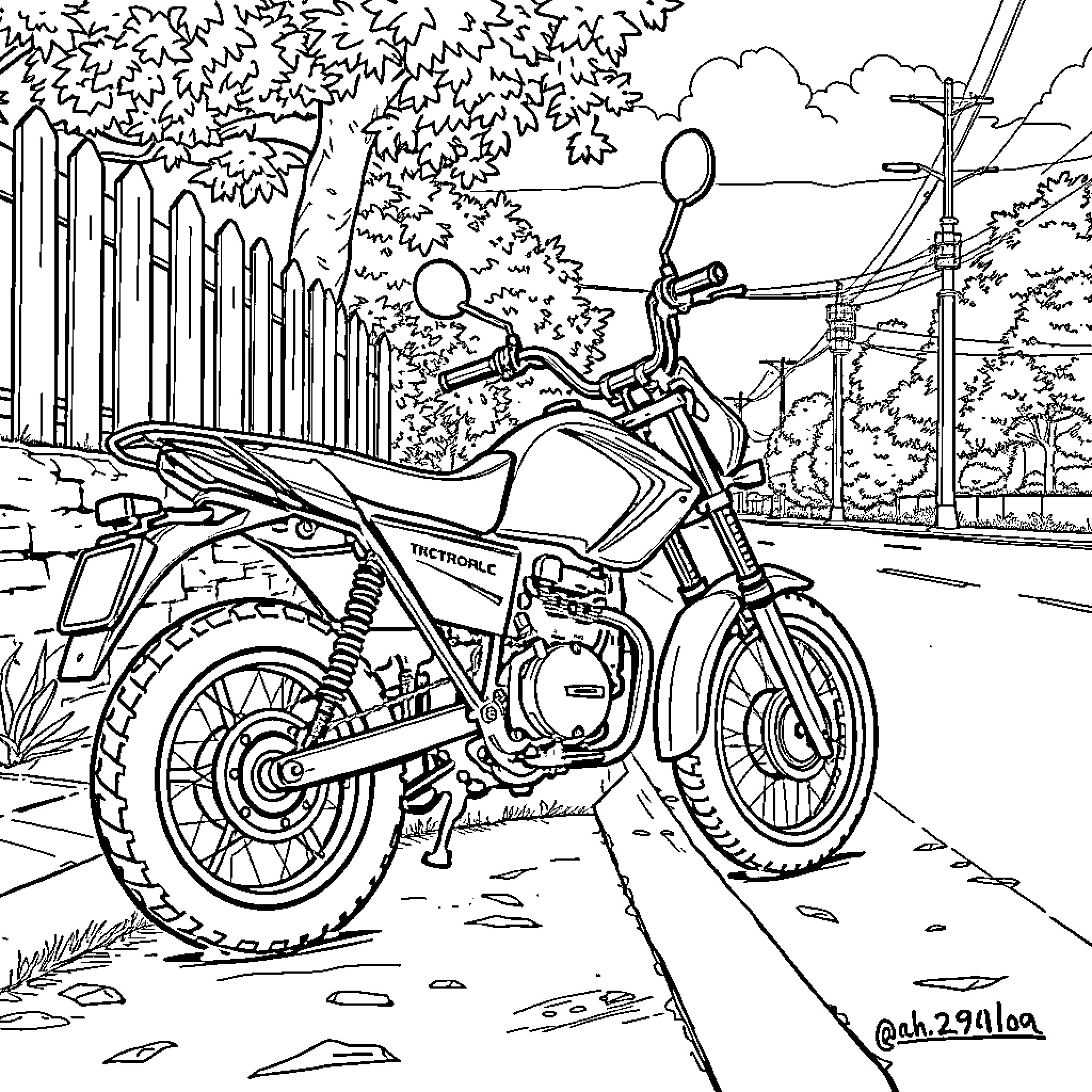 Moto Rider in Scenic Neighborhood Coloring Page (free black-and-white line drawing printable PDF for all, from beginners to advanced learners, including children, teens, adults, and seniors)
