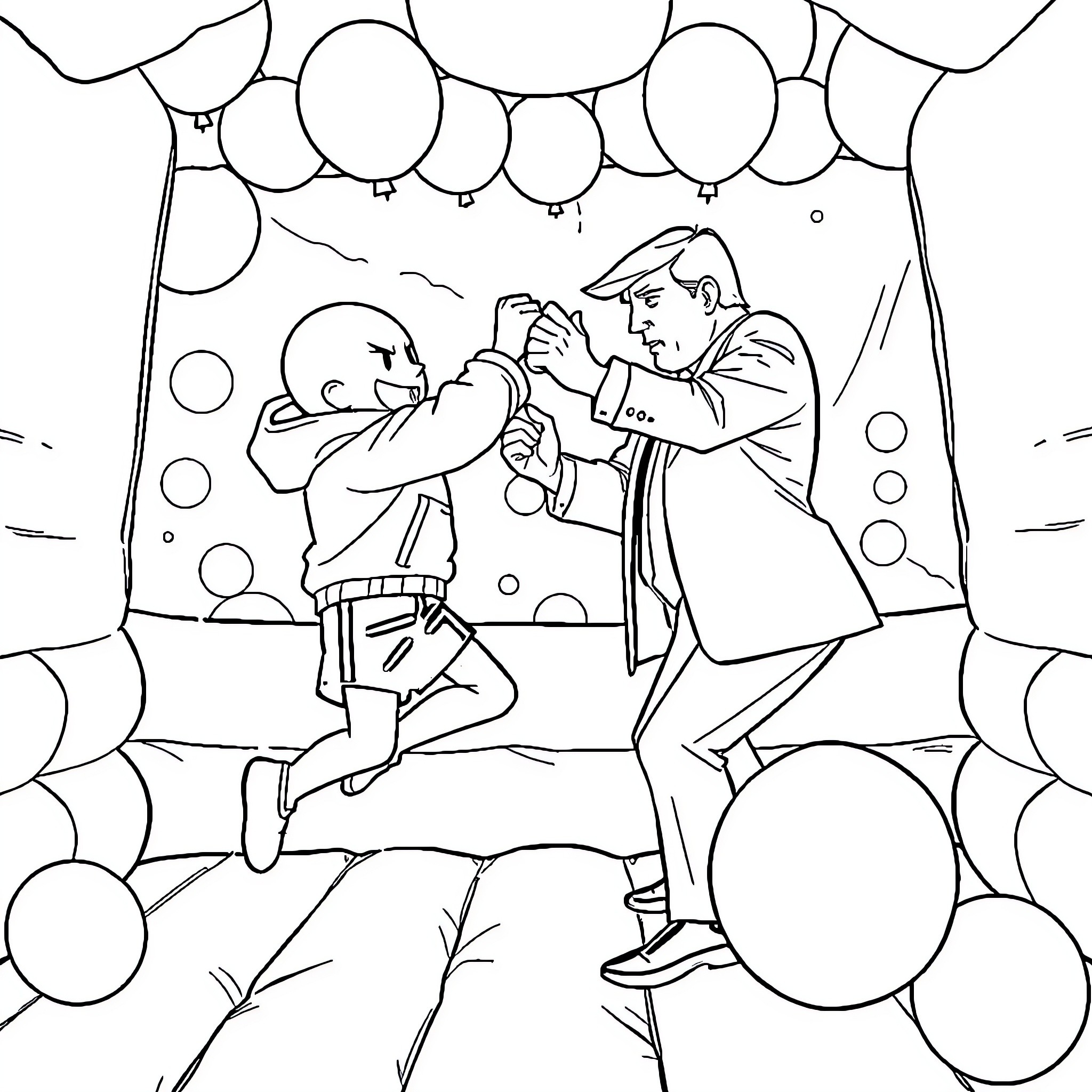 Sans Two Men Playfully Sparring in Festive Setting Coloring Page (free black-and-white line drawing printable PDF for all, from beginners to advanced learners, including children, teens, adults, and seniors)