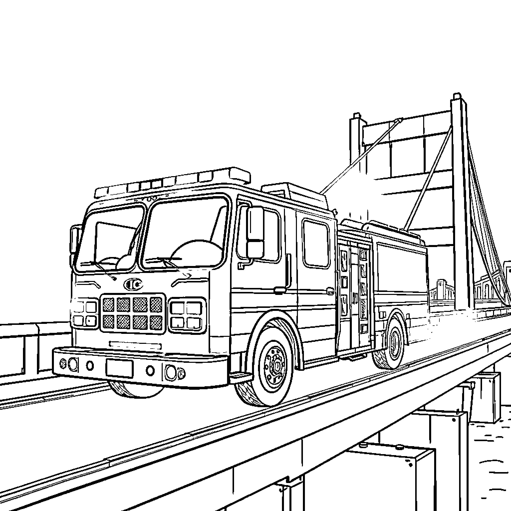 Firetruck responding to emergency on city bridge Coloring Page (free black-and-white line drawing printable PDF for all, from beginners to advanced learners, including children, teens, adults, and seniors)