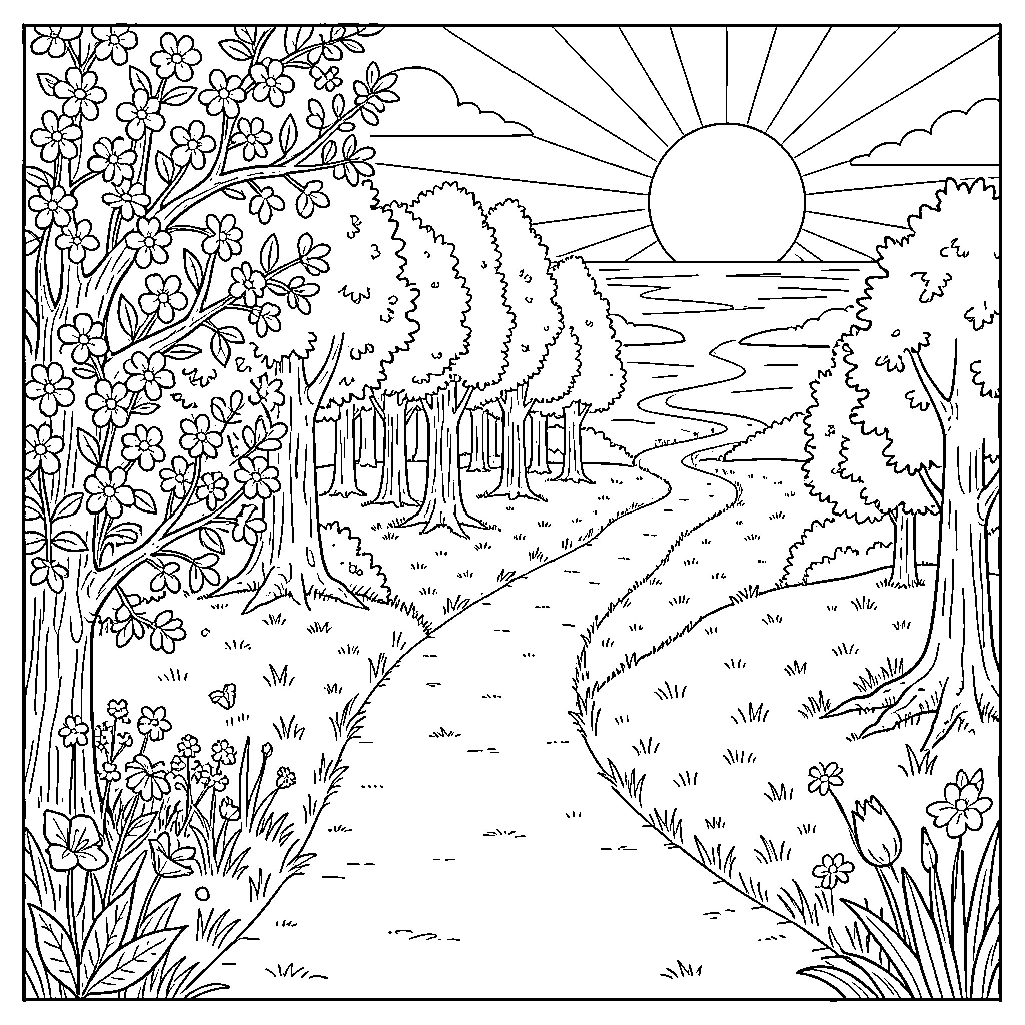 Path winding through a scenic forest landscape Coloring Page (free black-and-white line drawing printable PDF for all, from beginners to advanced learners, including children, teens, adults, and seniors)