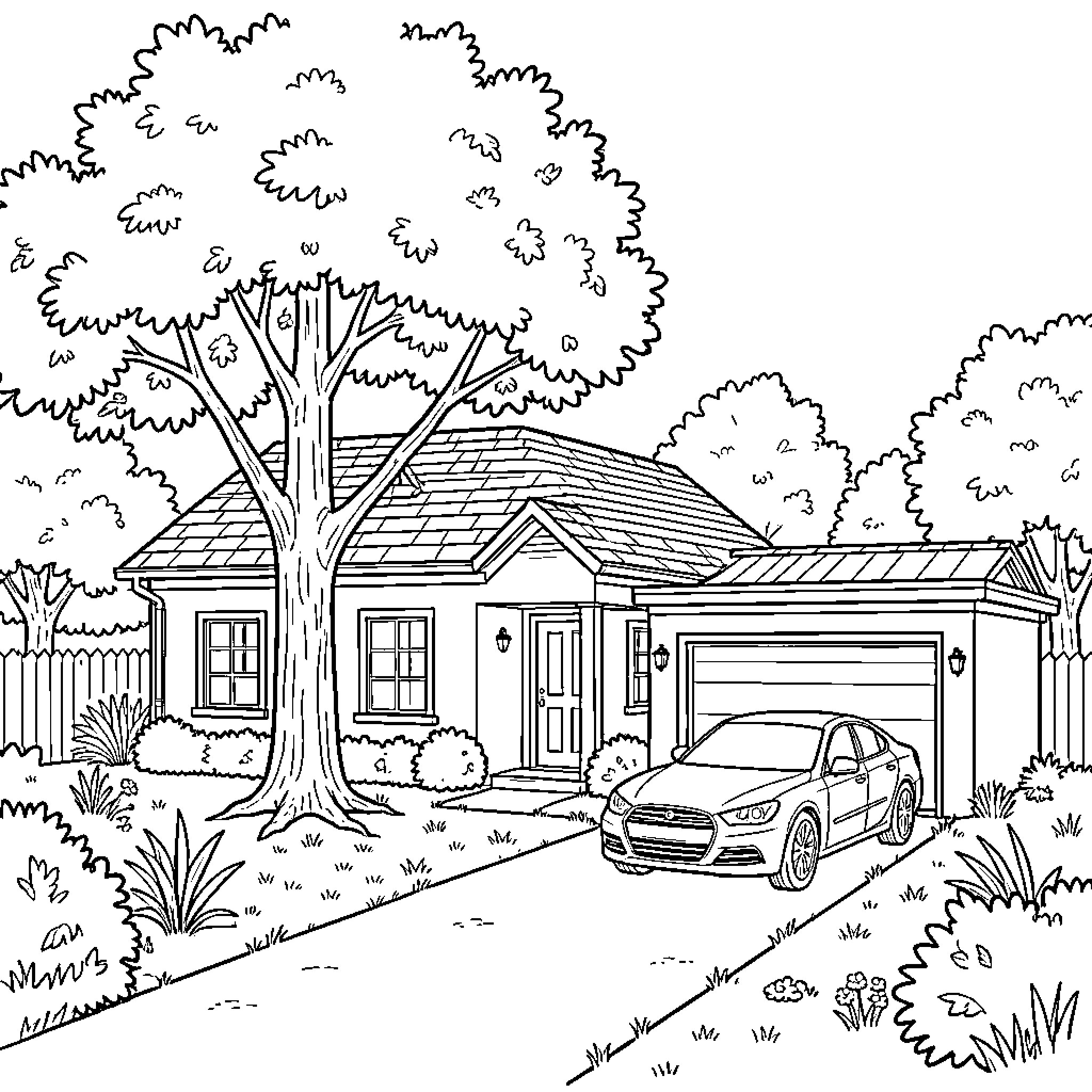 Casa de campo com carro na garagem Coloring Page (free black-and-white line drawing printable PDF for all, from beginners to advanced learners, including children, teens, adults, and seniors)