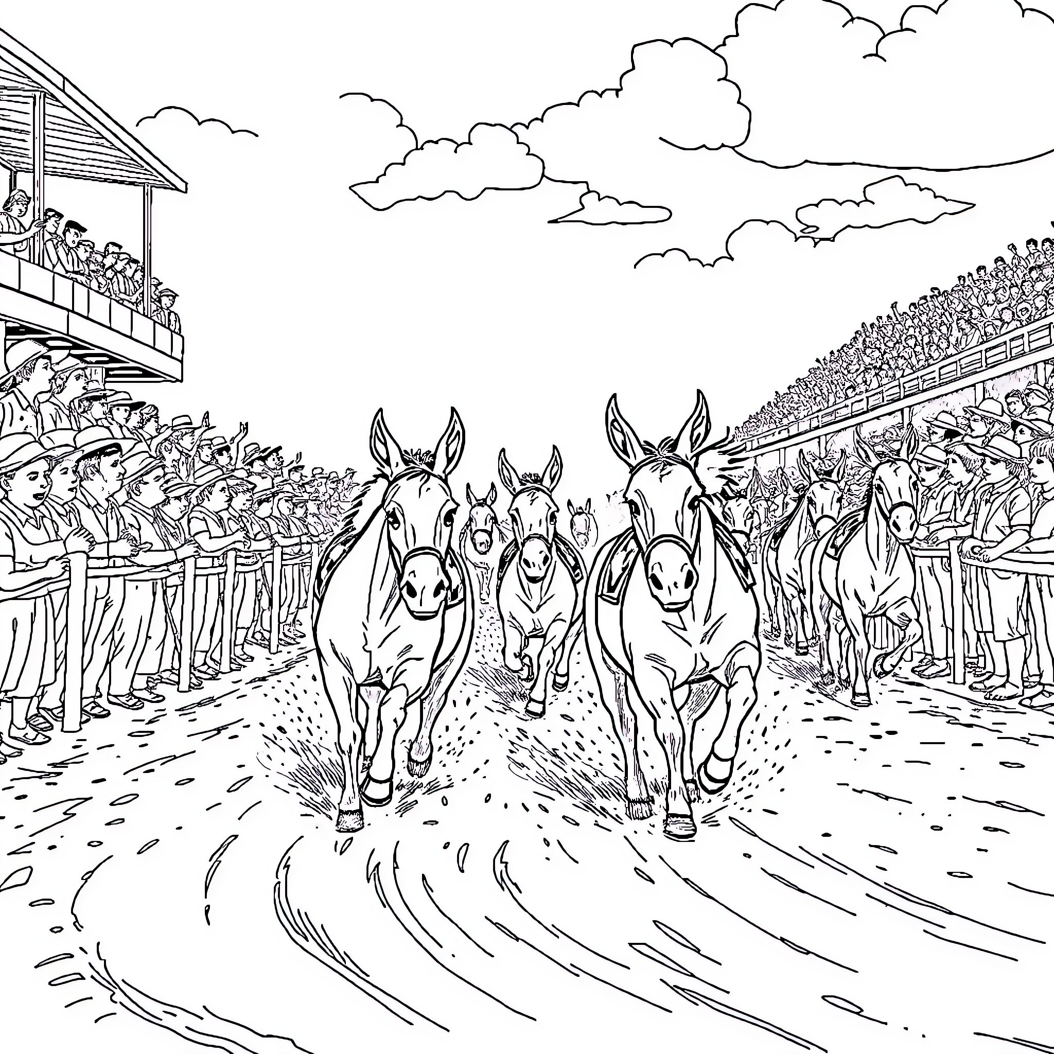 Donkey races at the local fairgrounds Coloring Page (free black-and-white line drawing printable PDF for all, from beginners to advanced learners, including children, teens, adults, and seniors)