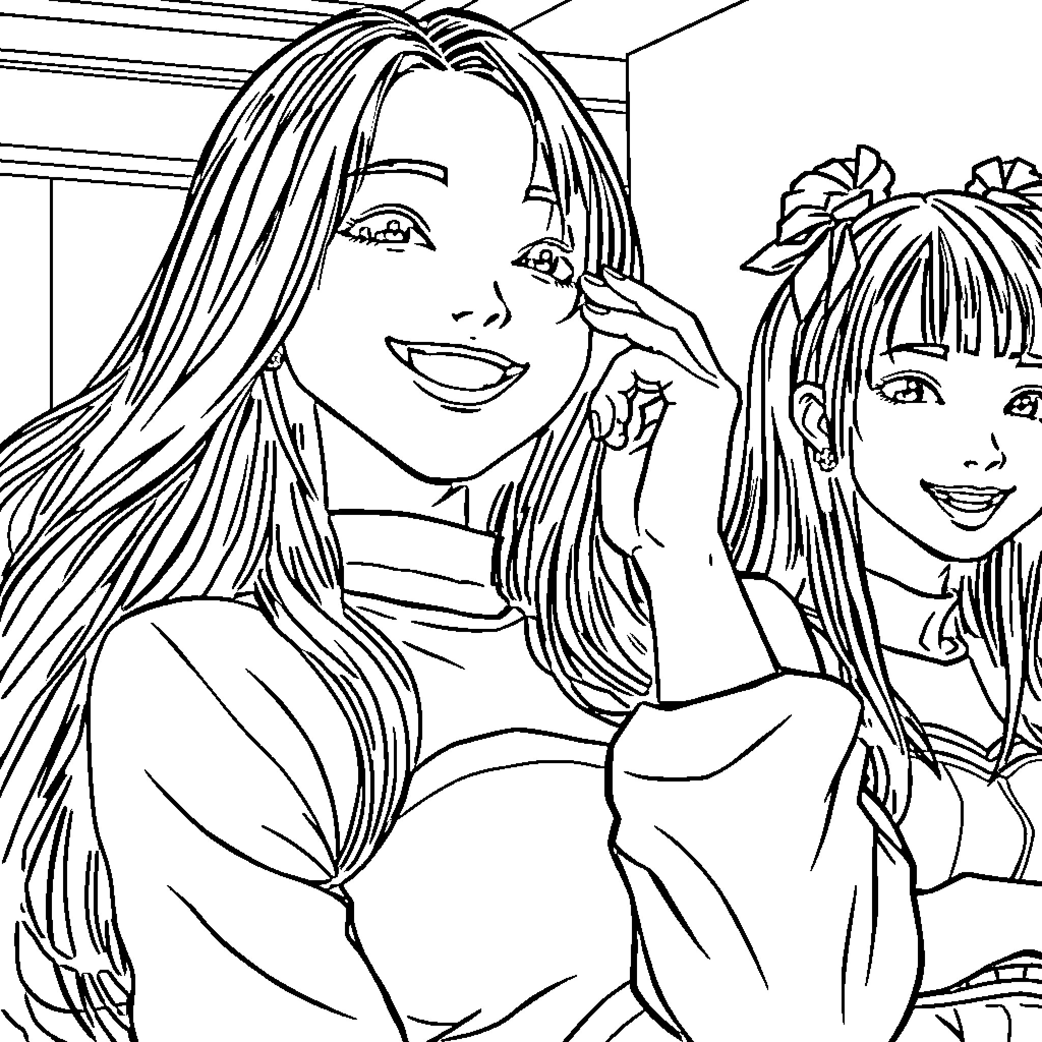 Manon and Her Friend Enjoying Each Other's Company Coloring Page (free black-and-white line drawing printable PDF for all, from beginners to advanced learners, including children, teens, adults, and seniors)