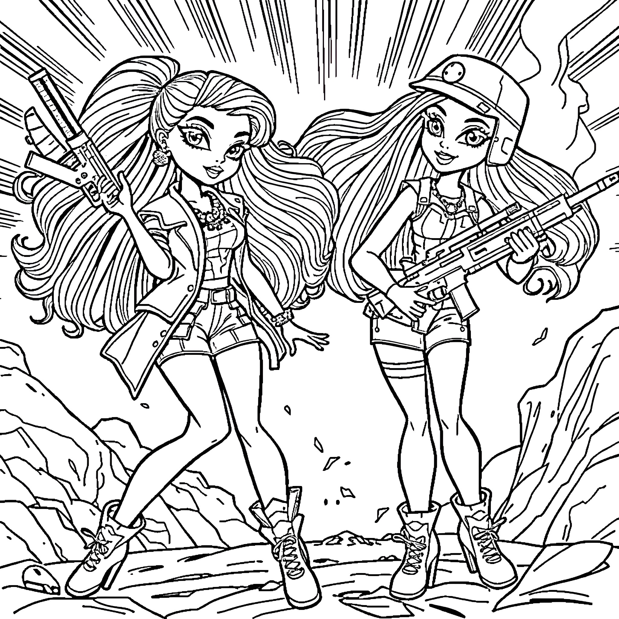 Doll Warriors in Action Adventure Pose Coloring Page (free black-and-white line drawing printable PDF for all, from beginners to advanced learners, including children, teens, adults, and seniors)