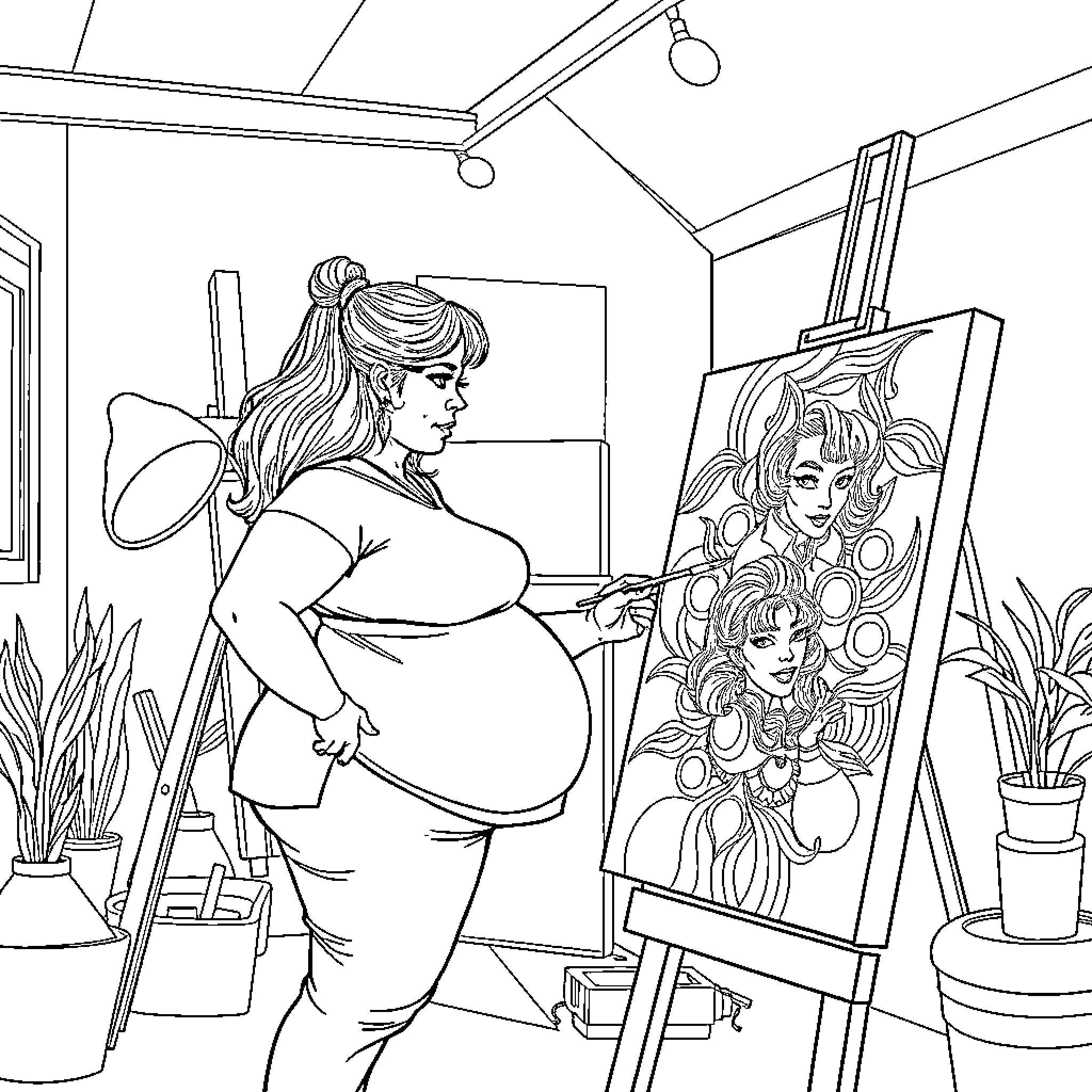 Artist creating a portrait of a woman Coloring Page (free black-and-white line drawing printable PDF for all, from beginners to advanced learners, including children, teens, adults, and seniors)