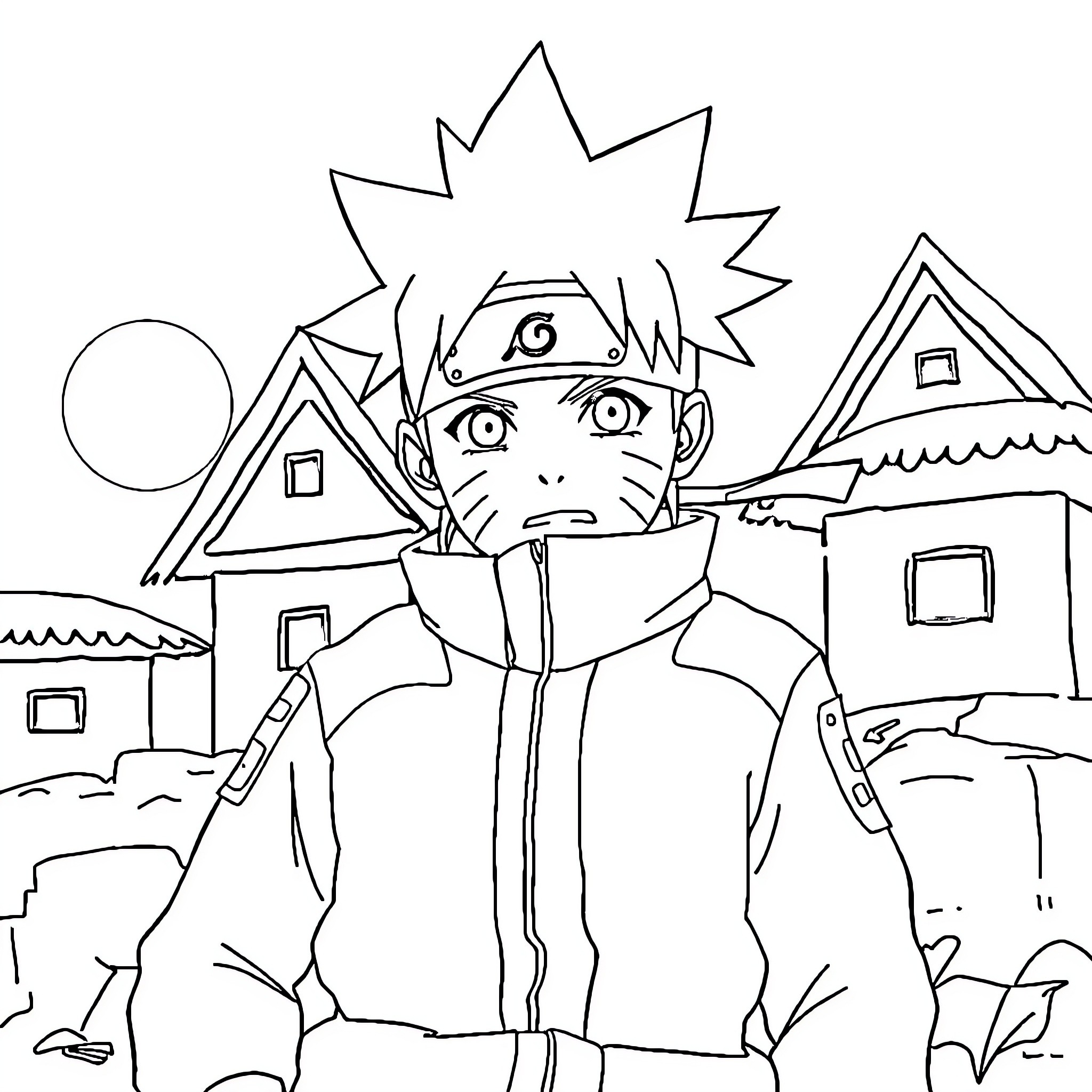 Naruto depicted in action-packed outdoor scene Coloring Page (free black-and-white line drawing printable PDF for all, from beginners to advanced learners, including children, teens, adults, and seniors)