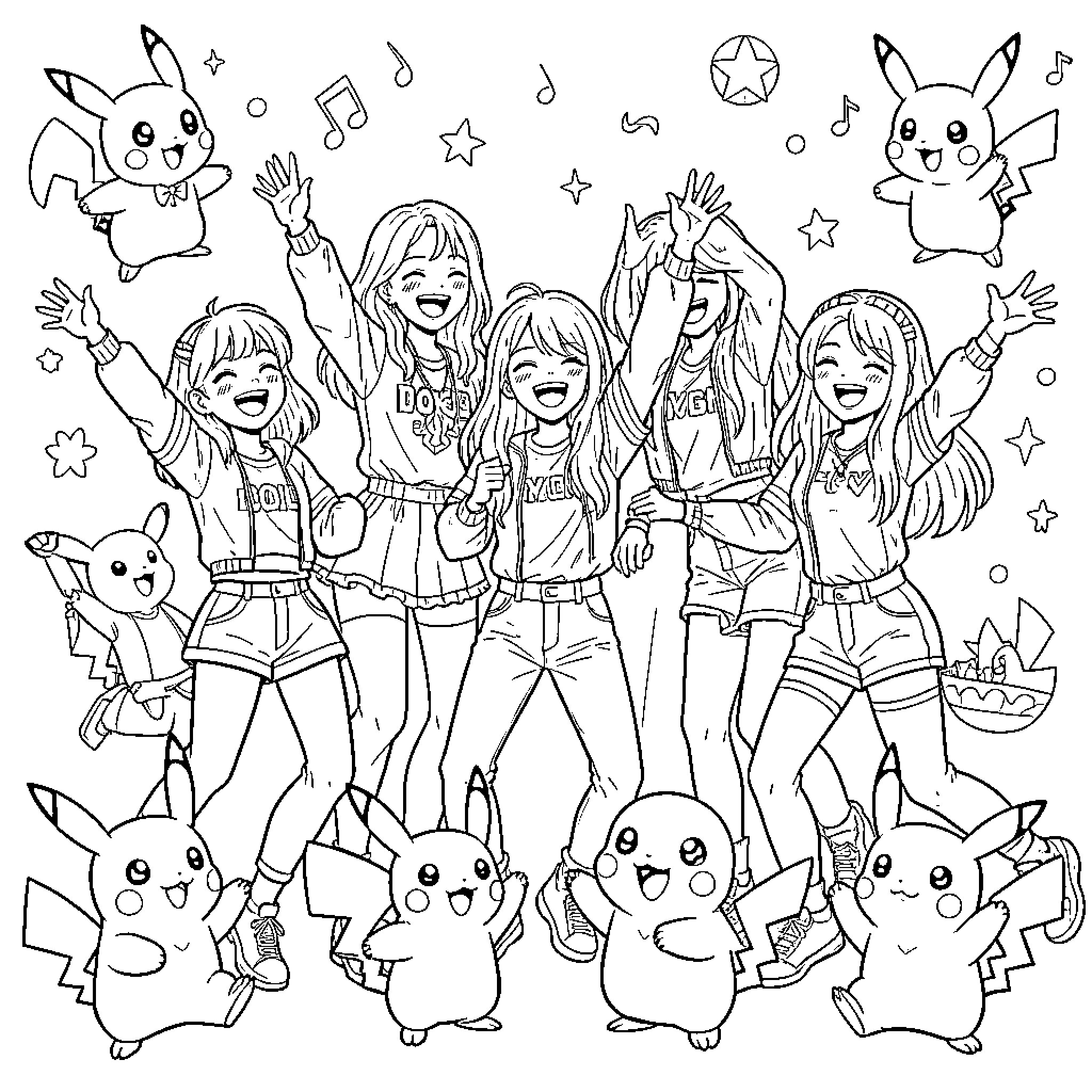 Kpop idols dancing joyfully with cute cartoon creatures Coloring Page (free black-and-white line drawing printable PDF for all, from beginners to advanced learners, including children, teens, adults, and seniors)