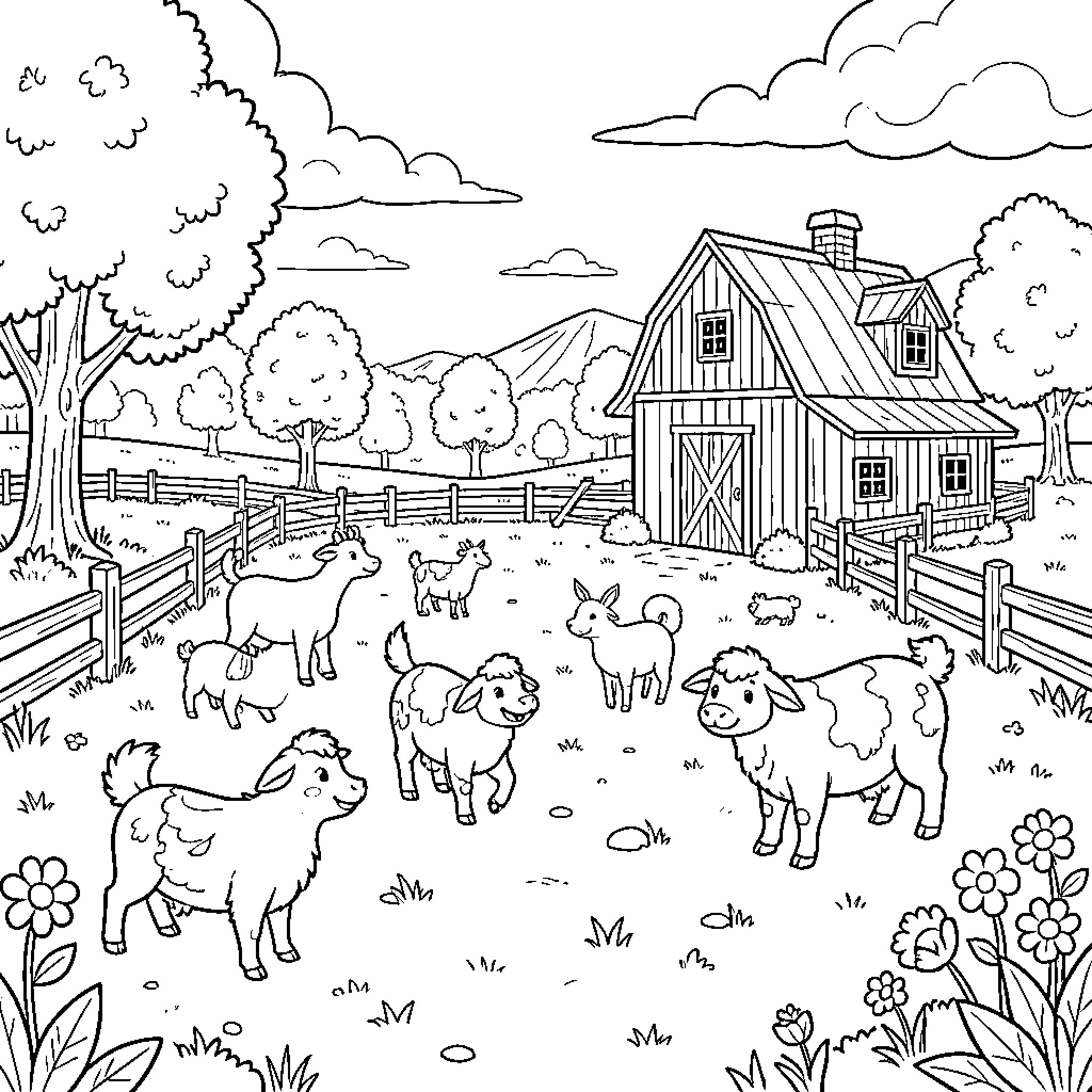 Farm Animal friends playing together in a pasture Coloring Page (free black-and-white line drawing printable PDF for all, from beginners to advanced learners, including children, teens, adults, and seniors)