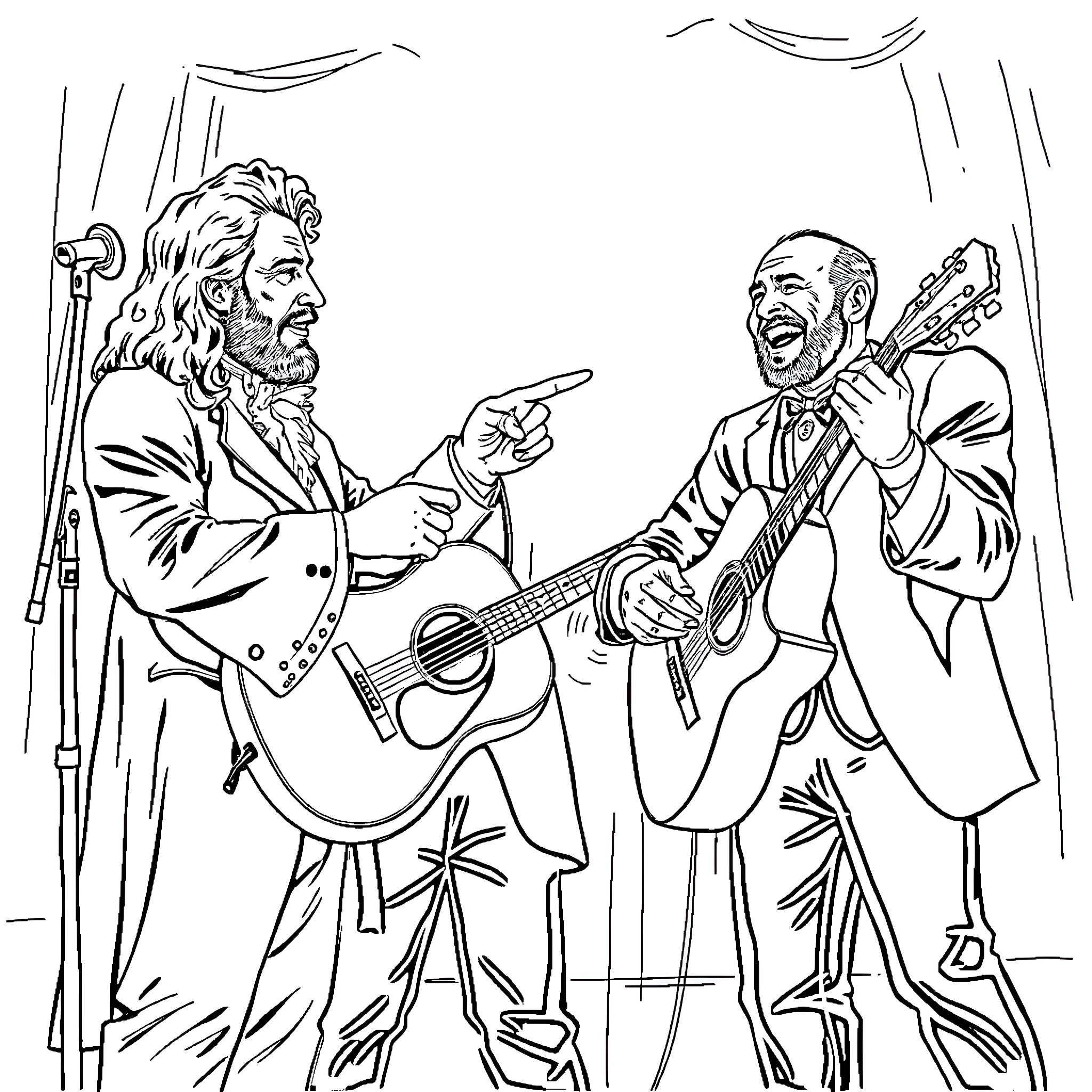 Guitarist Performing on Stage with Bandmate Coloring Page (free black-and-white line drawing printable PDF for all, from beginners to advanced learners, including children, teens, adults, and seniors)