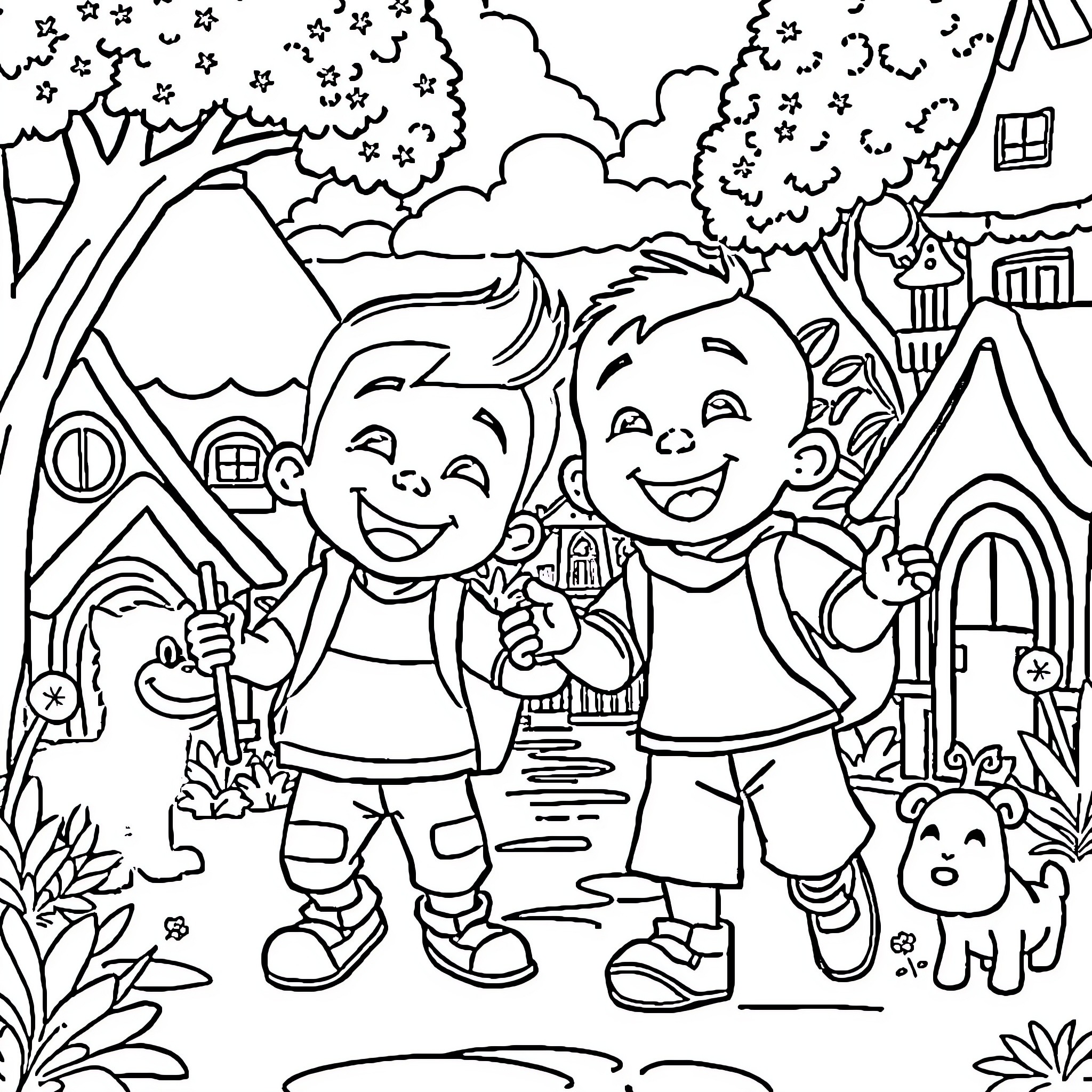Upin Ipin playing happily in the village Coloring Page (free black-and-white line drawing printable PDF for all, from beginners to advanced learners, including children, teens, adults, and seniors)