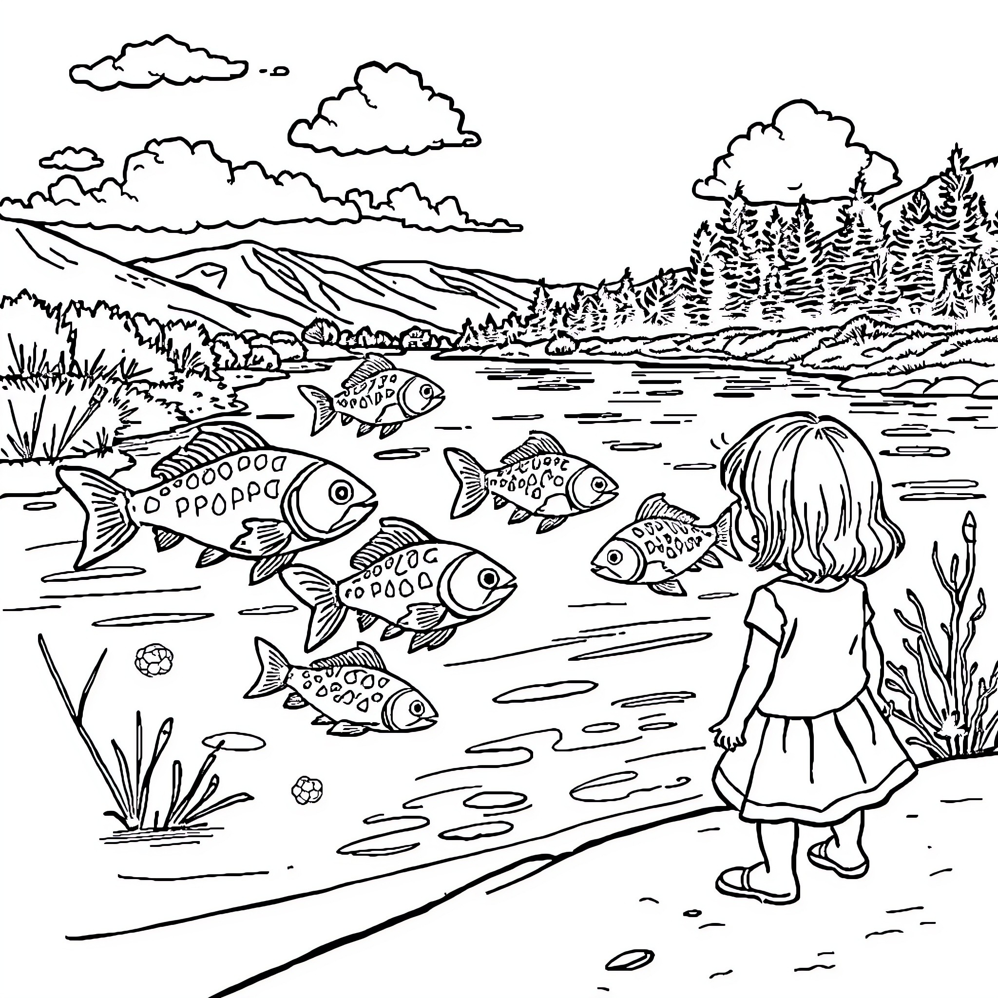 Fish swimming in the lake with a girl observing Coloring Page (free black-and-white line drawing printable PDF for all, from beginners to advanced learners, including children, teens, adults, and seniors)