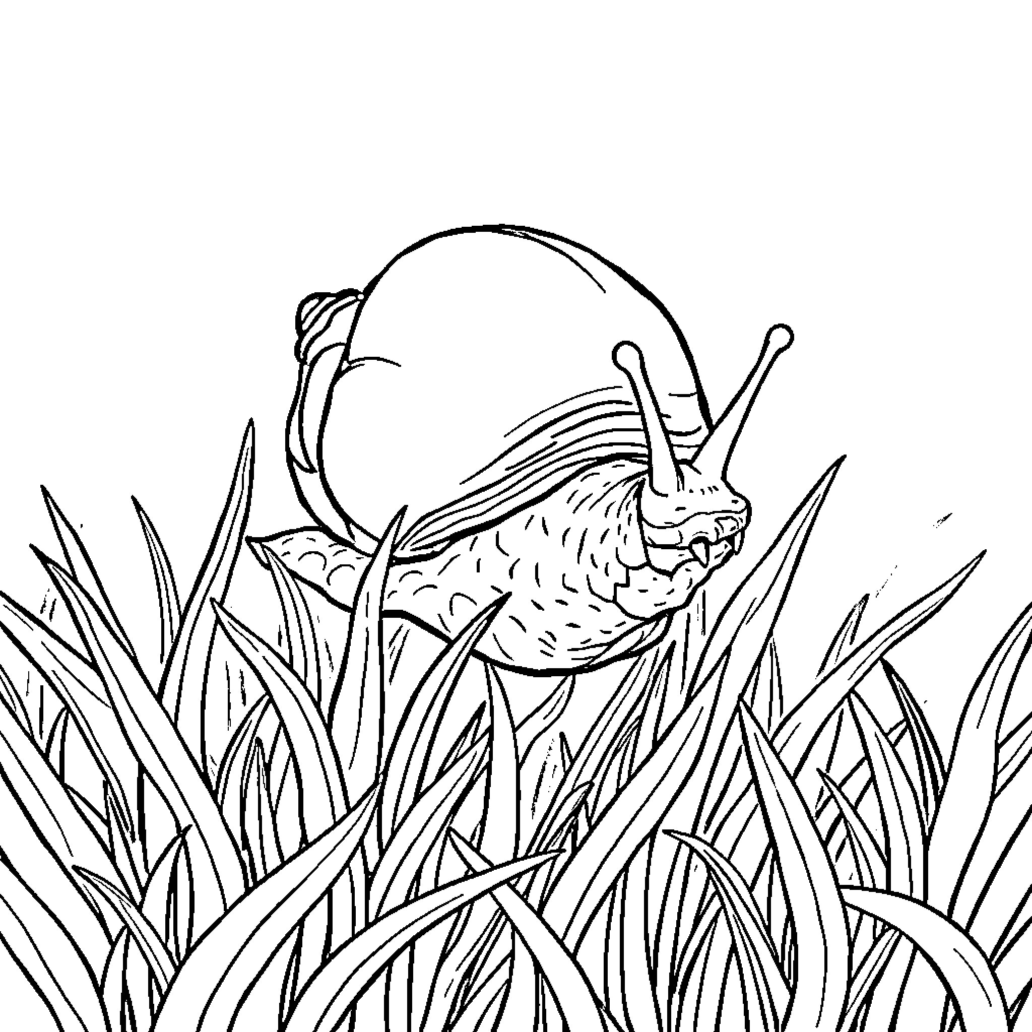 Escargot exploring the grassy terrain Coloring Page (free black-and-white line drawing printable PDF for all, from beginners to advanced learners, including children, teens, adults, and seniors)
