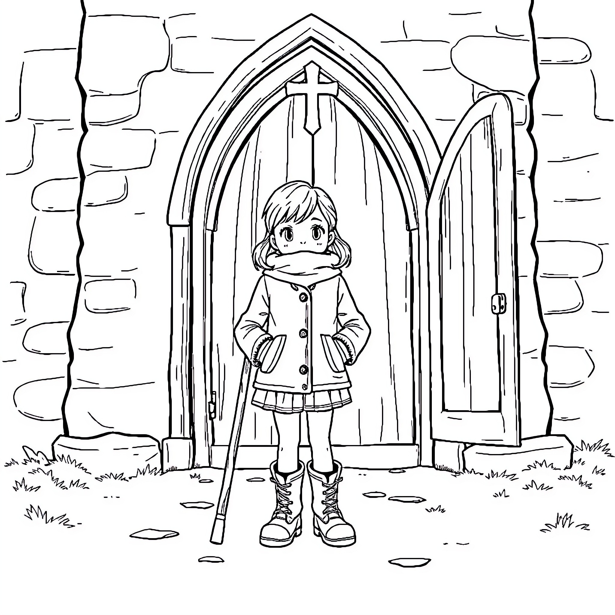 Girl standing in front of church doorway Coloring Page (free black-and-white line drawing printable PDF for all, from beginners to advanced learners, including children, teens, adults, and seniors)