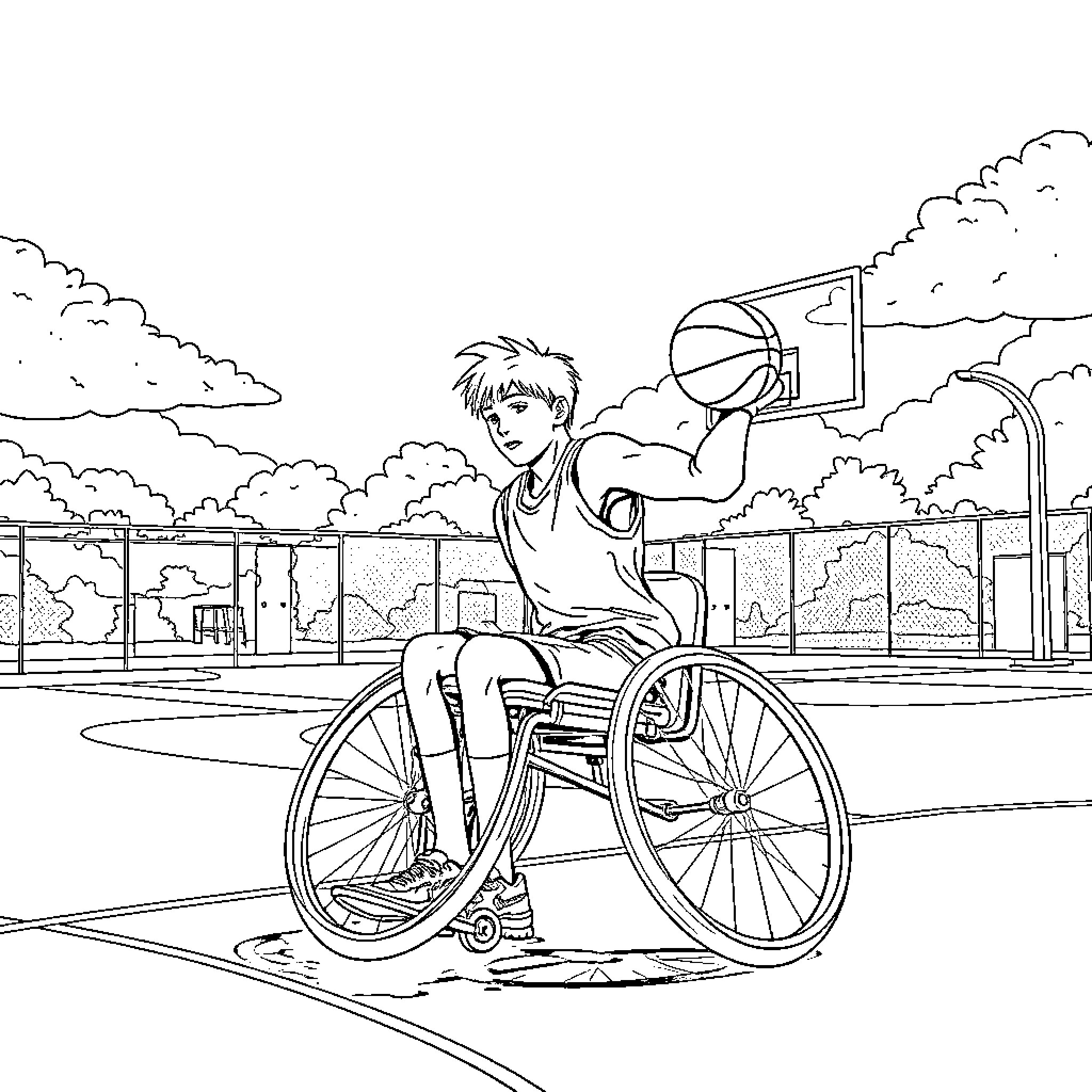 Boy playing basketball on wheelchair outdoors Coloring Page (free black-and-white line drawing printable PDF for all, from beginners to advanced learners, including children, teens, adults, and seniors)