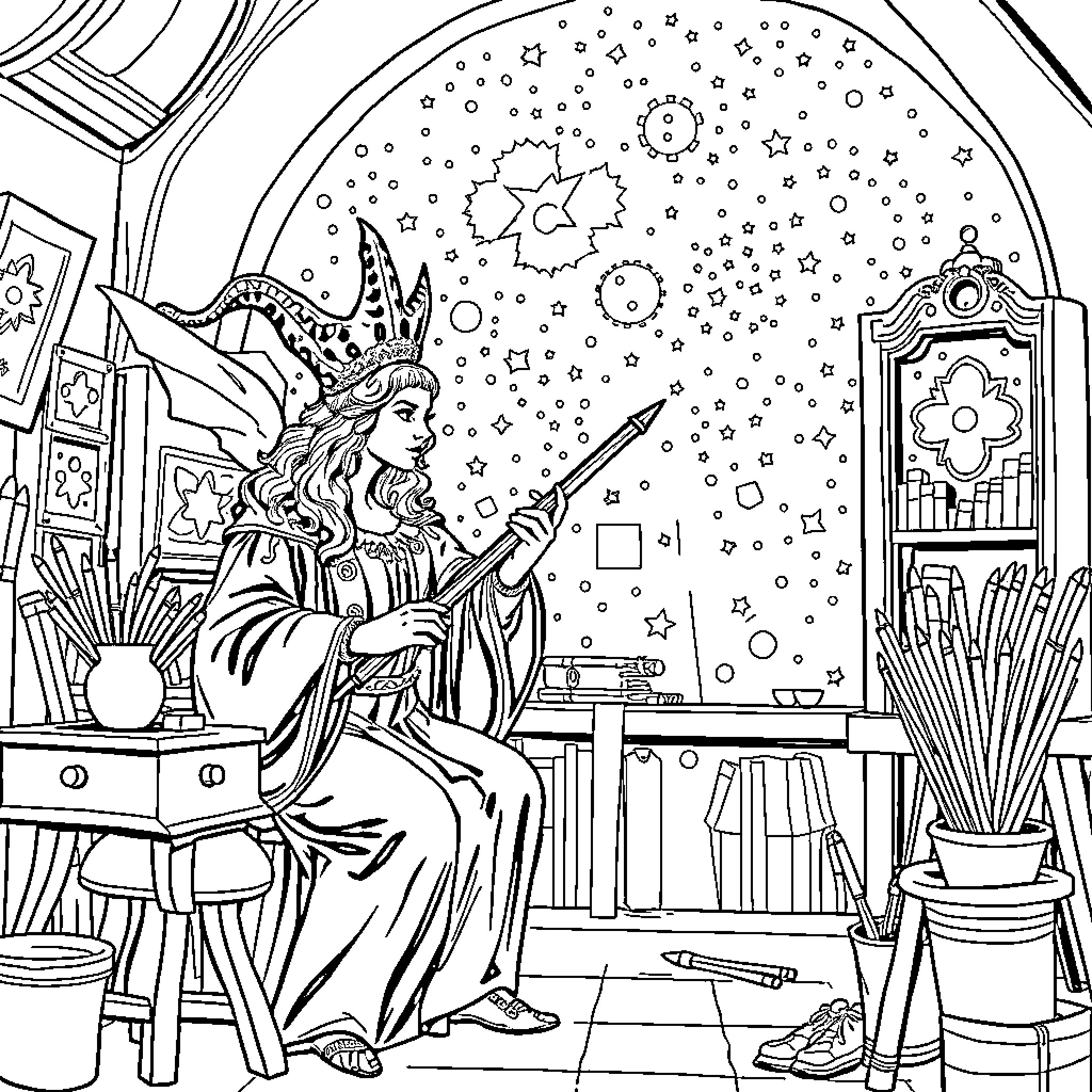Joconde in a magical study with celestial elements Coloring Page (free black-and-white line drawing printable PDF for all, from beginners to advanced learners, including children, teens, adults, and seniors)