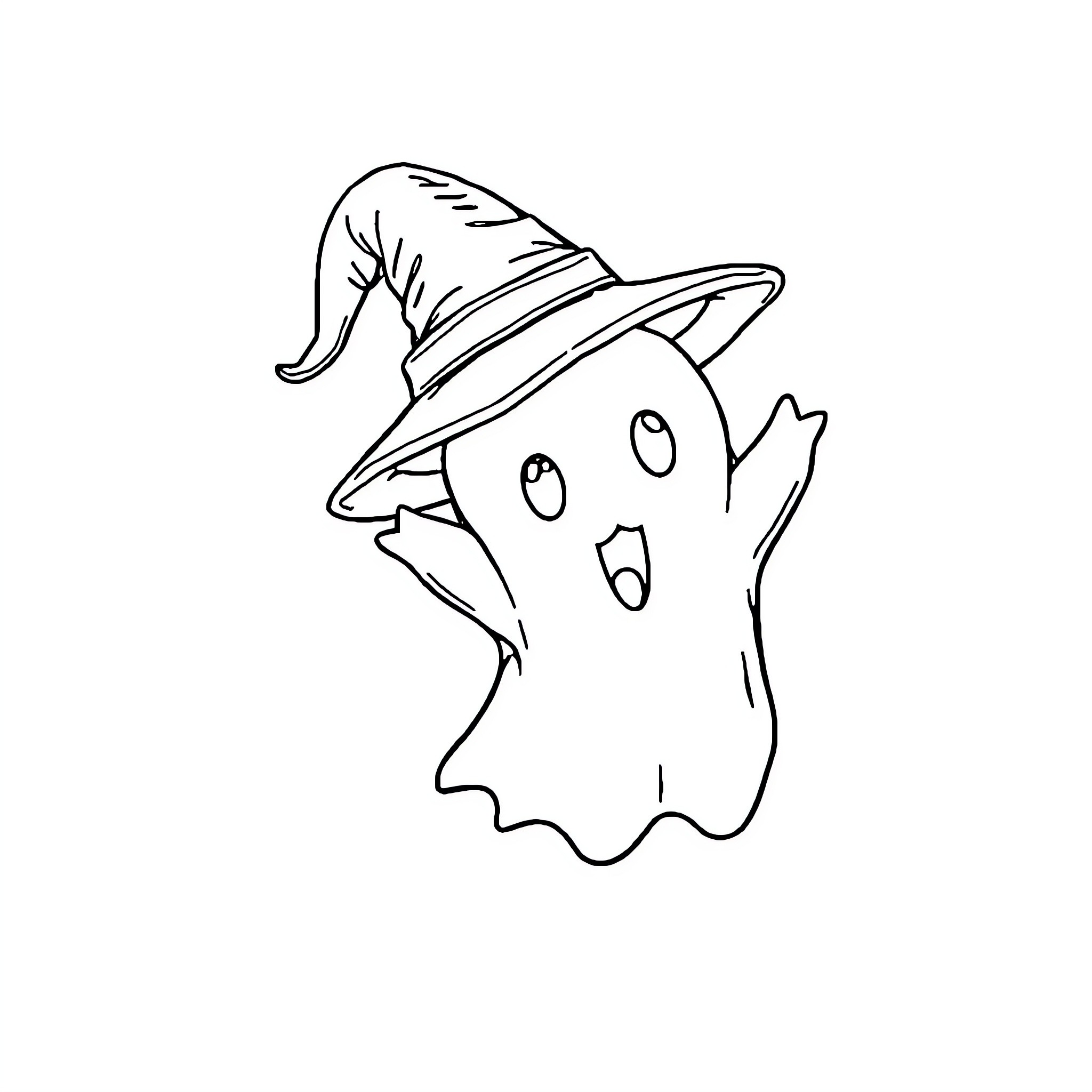 Ghost in a Witch's Hat Floating Coloring Page (free black-and-white line drawing printable PDF for all, from beginners to advanced learners, including children, teens, adults, and seniors)