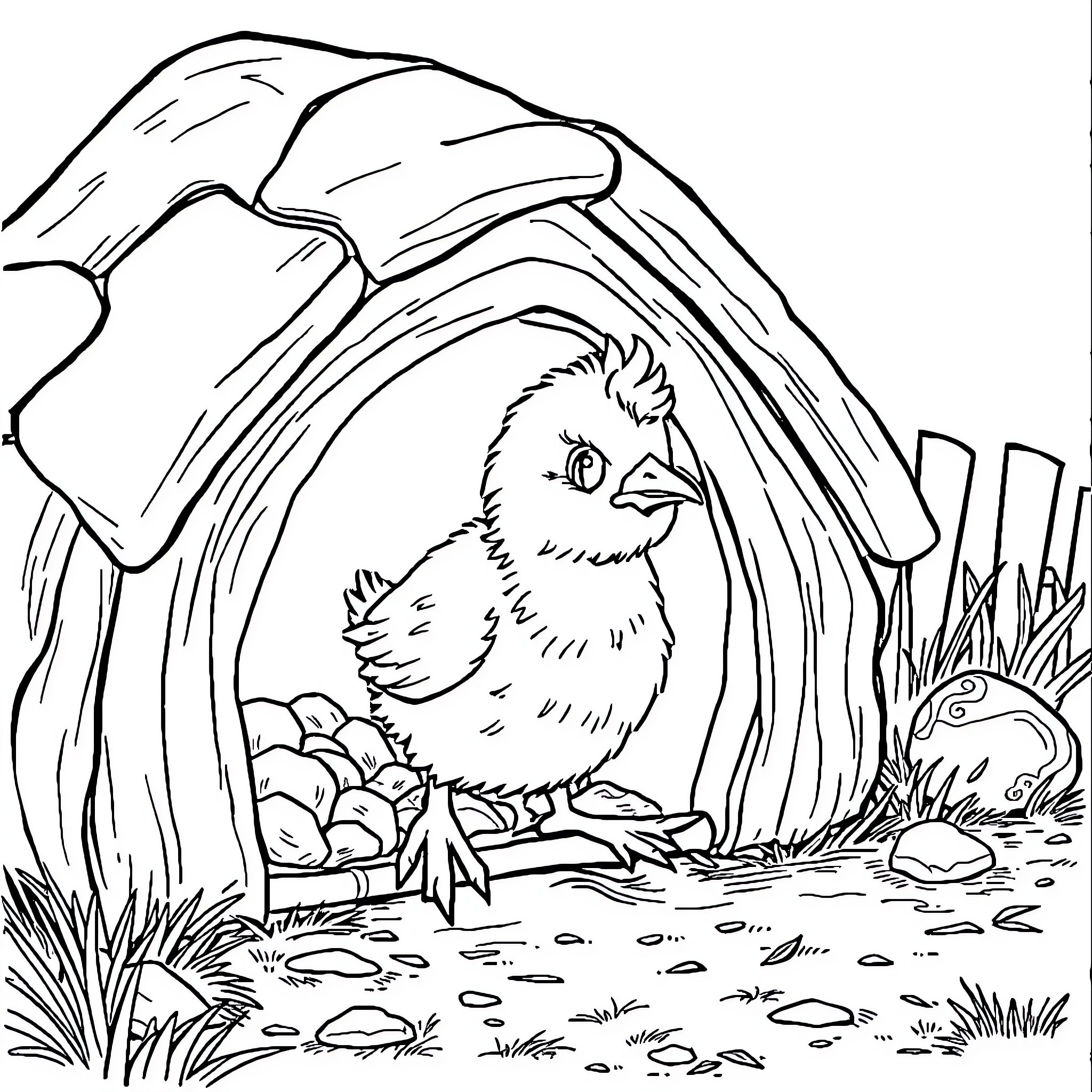 Chick hiding in the nest Coloring Page (free black-and-white line drawing printable PDF for all, from beginners to advanced learners, including children, teens, adults, and seniors)