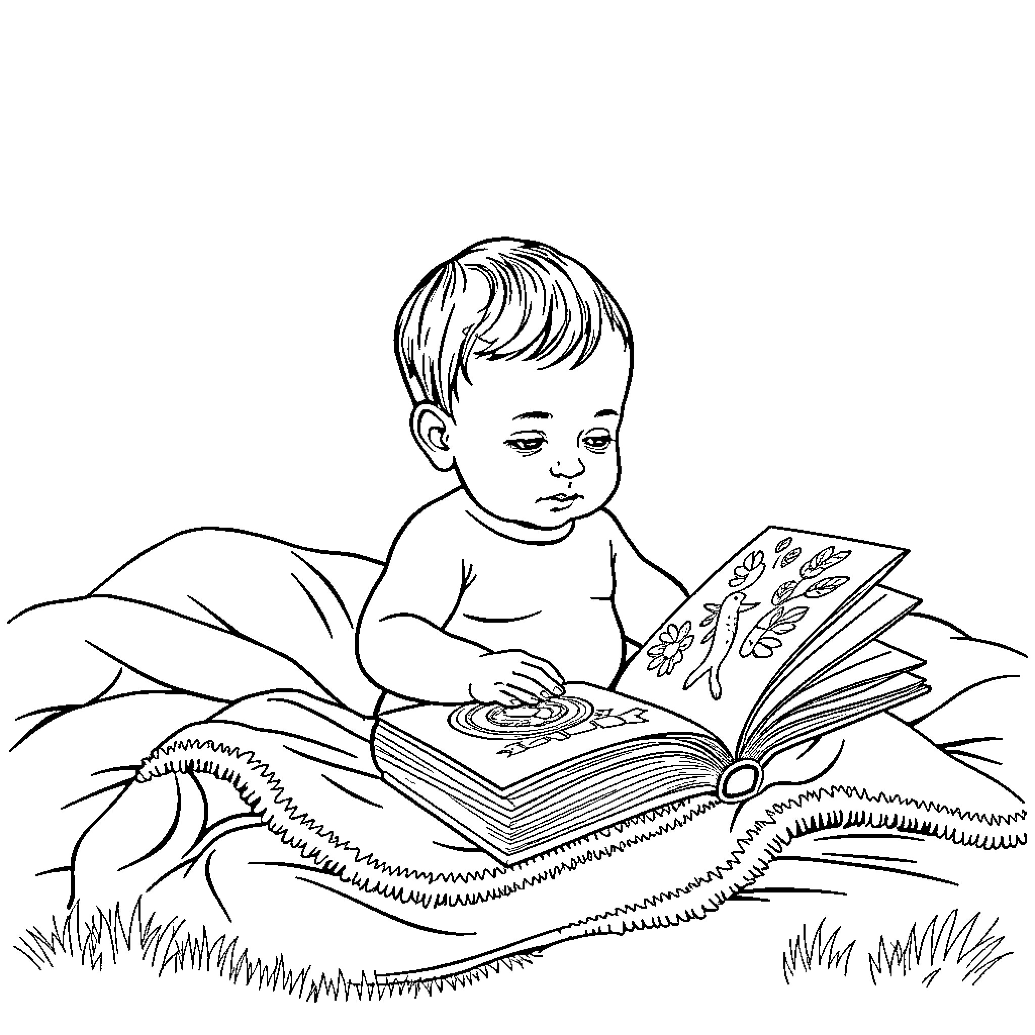 Baby reading storybook in the grass Coloring Page (free black-and-white line drawing printable PDF for all, from beginners to advanced learners, including children, teens, adults, and seniors)