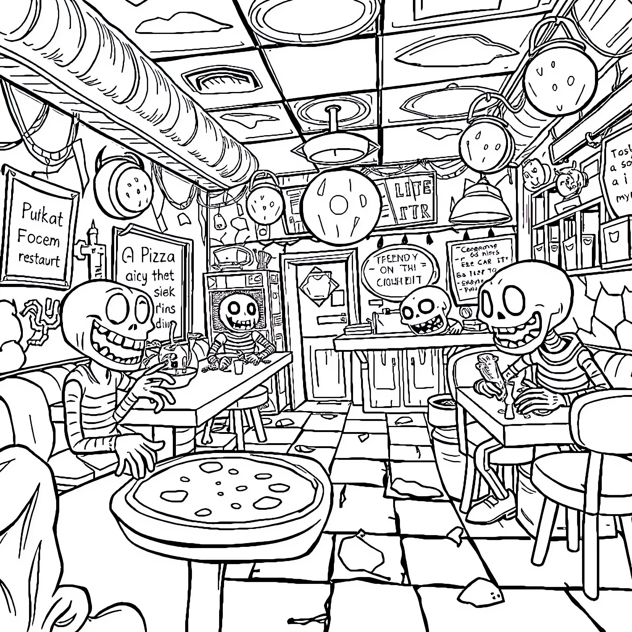 Freddy's Quirky Cafe: A Delightful Dining Experience Coloring Page (free black-and-white line drawing printable PDF for all, from beginners to advanced learners, including children, teens, adults, and seniors)